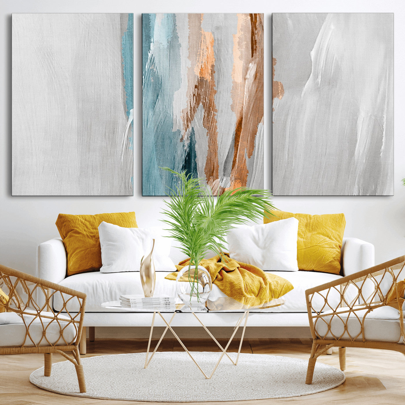 66154-MGV-CV-36X24-Abstract Brushstroke Wall Art – Modern Teal and Gold Canvas Print, Minimalist Contemporary Painting for Living Room, Bedroom, or