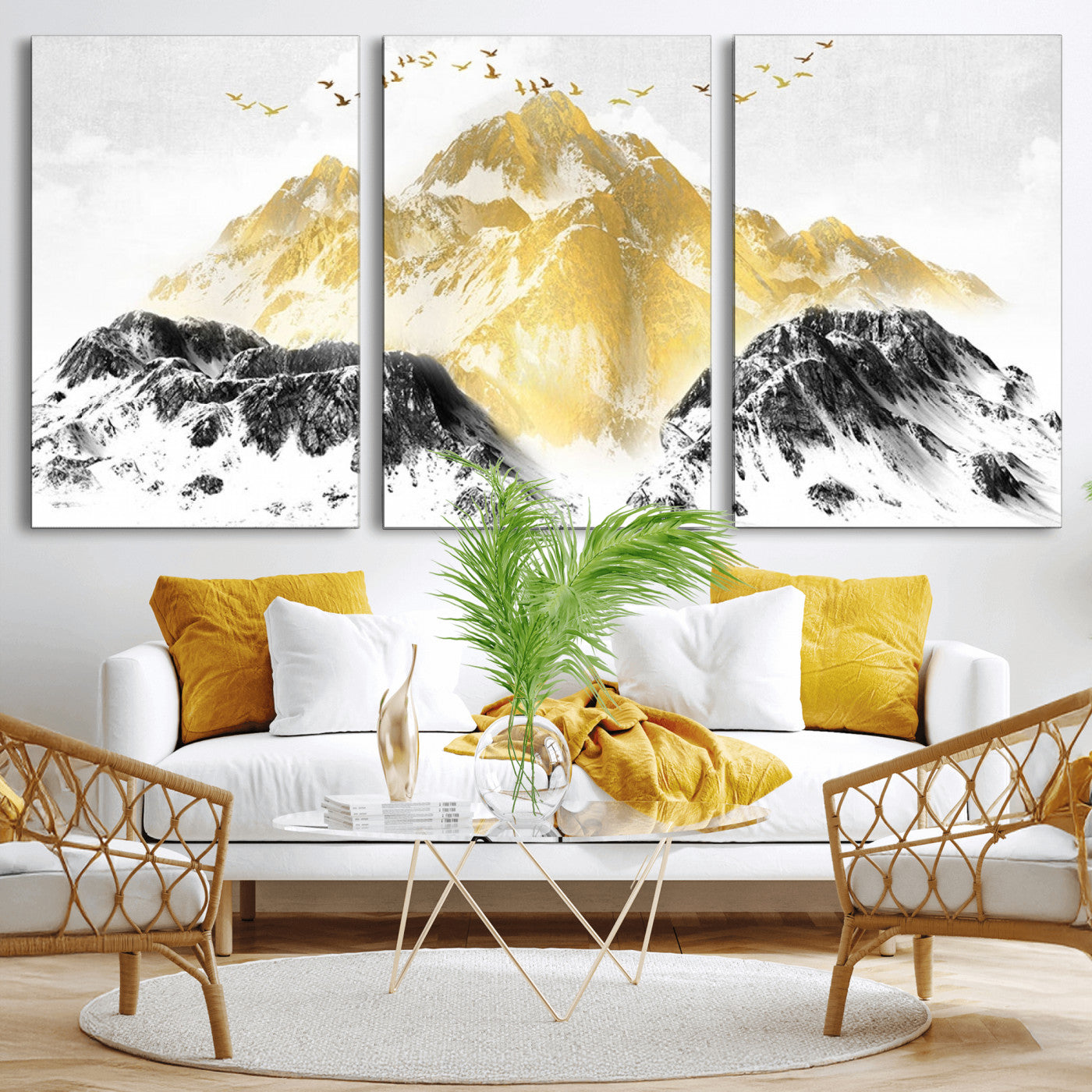 37733-MGV-CV-36X24-Golden Mountain Wall Art – Modern Abstract Landscape Canvas Print with Birds, Luxury Nature Decor for Living Room, Bedroom, or