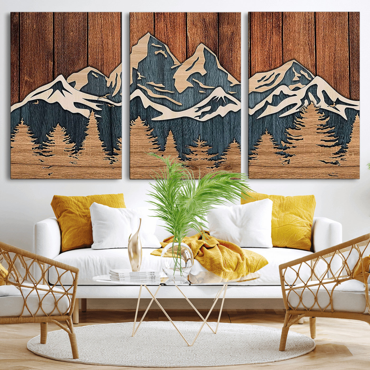 41330-MGV-CV-60X30-3P-Rustic Mountain Wall Art – Wooden Nature Scene with Trees and Peaks, Handmade 3D Layered Decor for Living Room, Cabin or Office