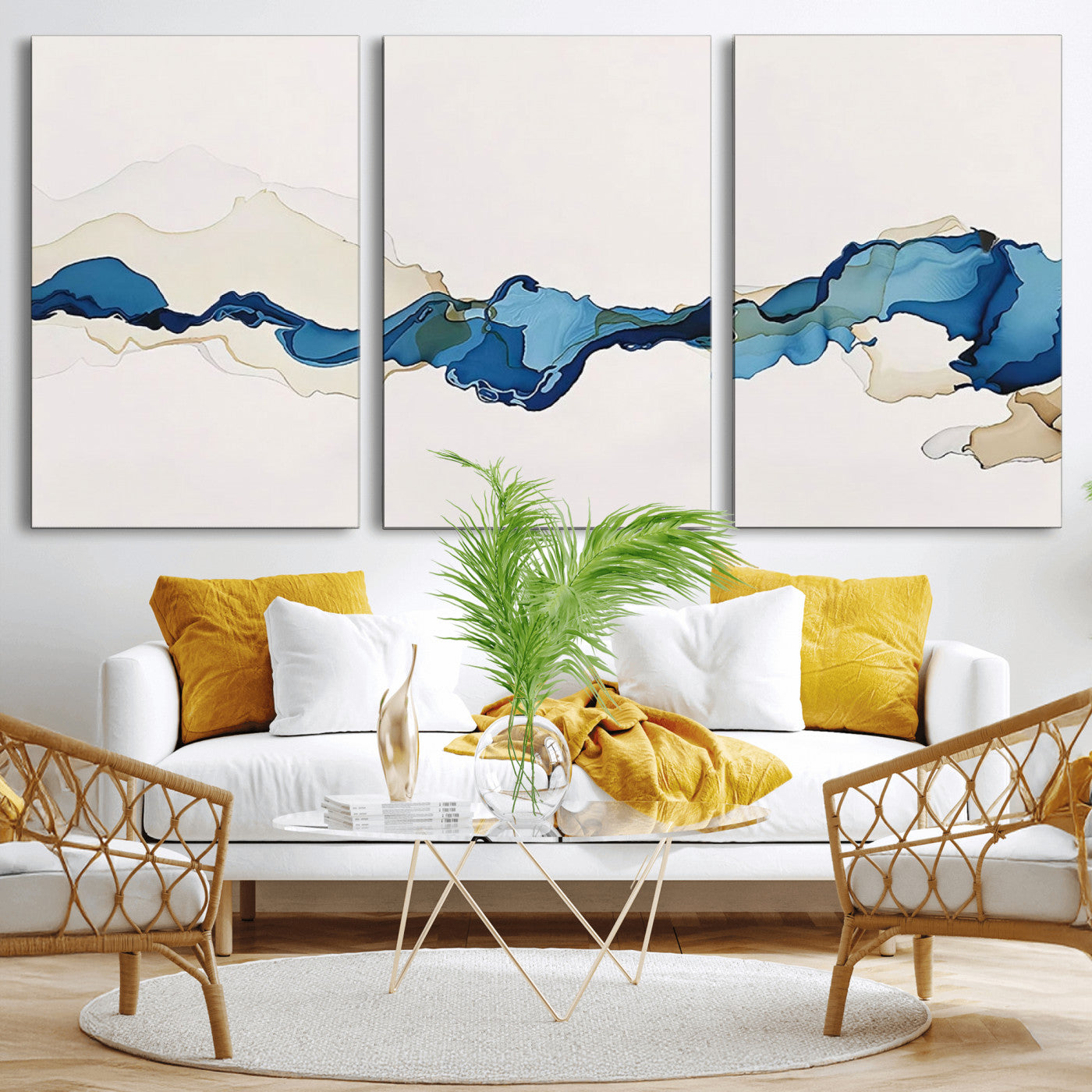 95528-MGV-CV-60X30-3P-Abstract Blue Wave Wall Art – Modern Ocean Inspired Canvas Print, Minimalist Fluid Painting for Living Room, Bedroom or Office