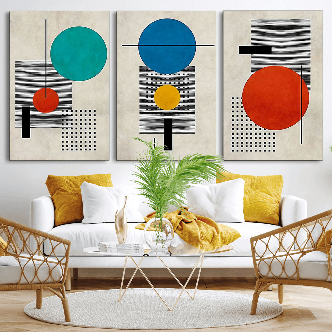 44633-MGV-CV-60X30-3P-Geometric Abstract Wall Art – Colorful Modern Shapes Canvas Print, Mid Century Minimalist Decor for Living Room, Bedroom or Office