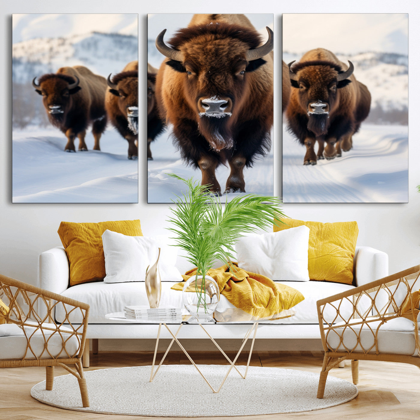 56701-MGV-CV-36X24-Bison Herd Wall Art – Buffalo Walking in Snowy Mountains Canvas Print, Rustic Wildlife Decor for Cabin, Lodge, or Living Room