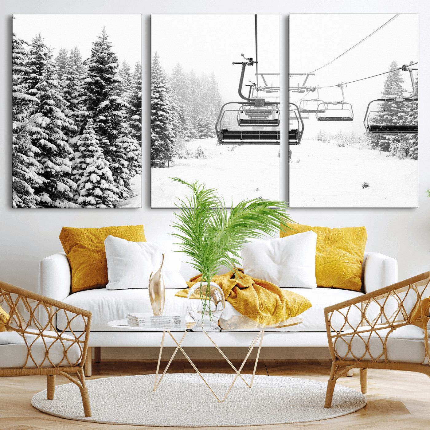 70609-MGV-CV-36X24-Snowy Ski Lift Wall Art – Black and White Winter Mountain Landscape Canvas Print, Rustic Lodge Decor for Cabin, Living Room or