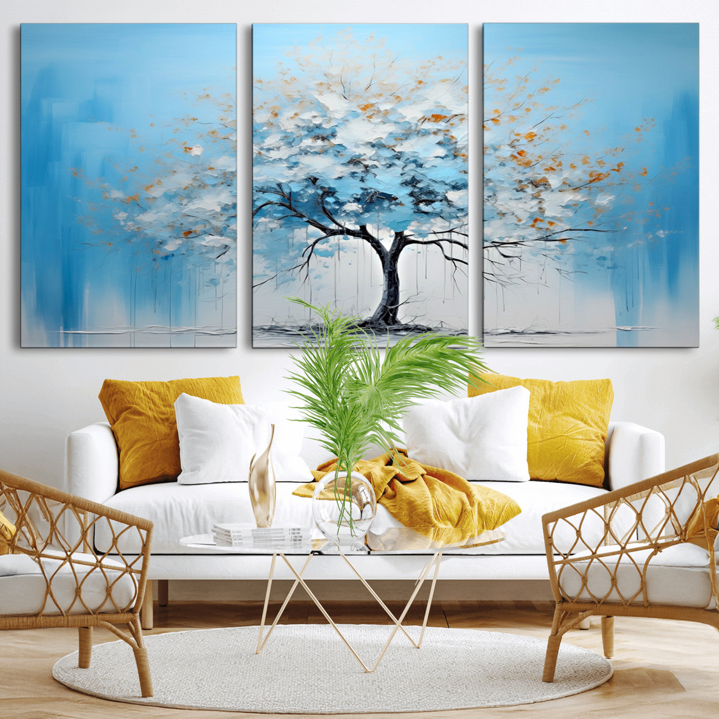 25021-MGV-CV-36X24-Abstract Tree Wall Art – Blue and White Canvas Painting with Gold Accents, Modern Nature-Inspired Artwork for Living Room, Bedroom