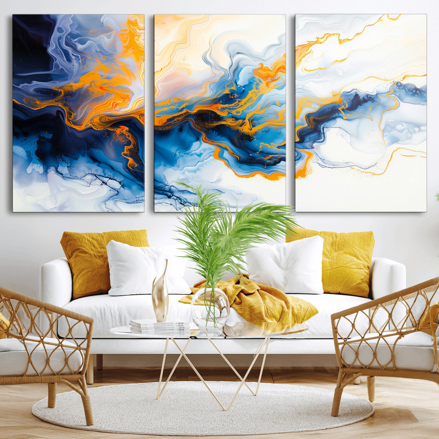 83720-MGV-CV-36X24-Abstract Fluid Wall Art – Blue, White and Gold Swirl Canvas Painting, Modern Contemporary Artwork for Living Room, Bedroom or