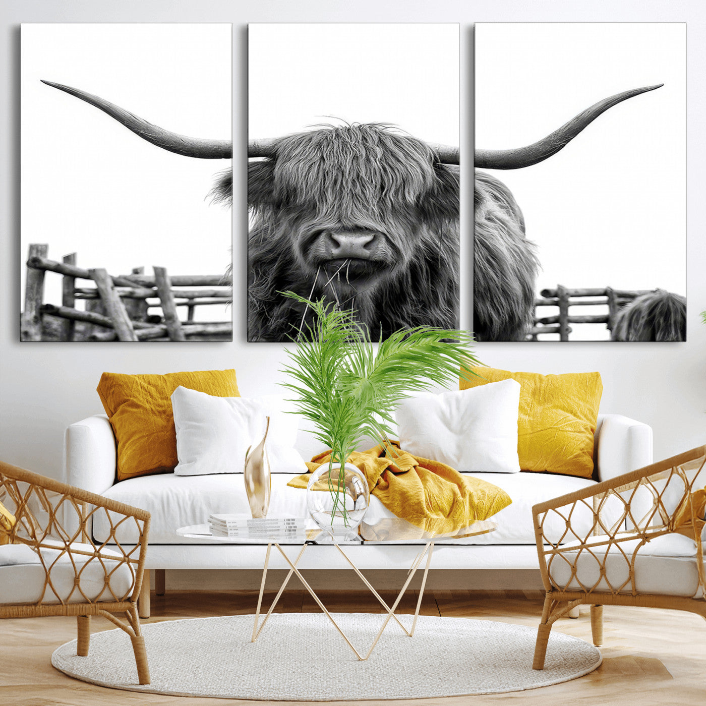 58188-MGV-CV-36X24-Highland Cow Wall Art – Black and White Rustic Farmhouse Canvas Print, Longhorn Cattle Photography Decor for Living Room or