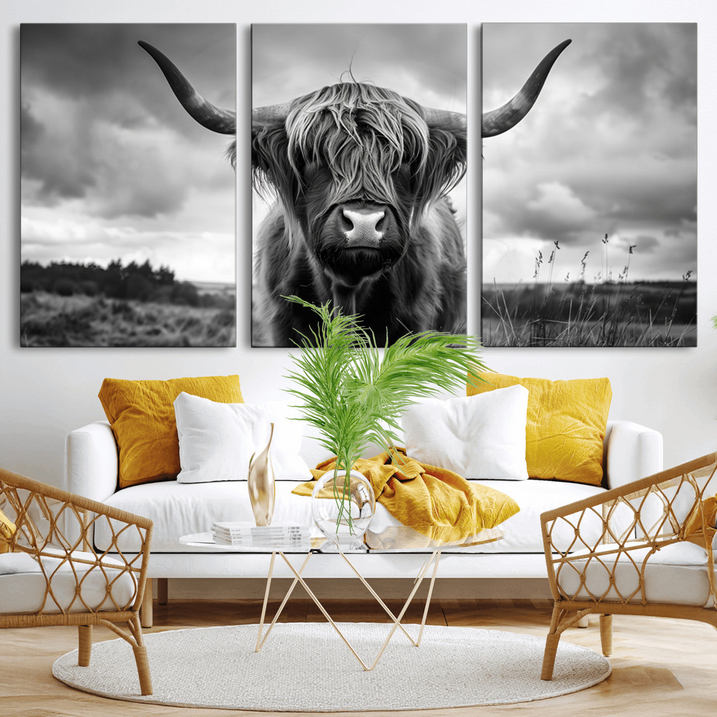 17924-MGV-CV-36X24-Highland Cow Wall Art – Black and White Rustic Longhorn Cattle Canvas Print, Farmhouse Animal Photography Decor for Country Home