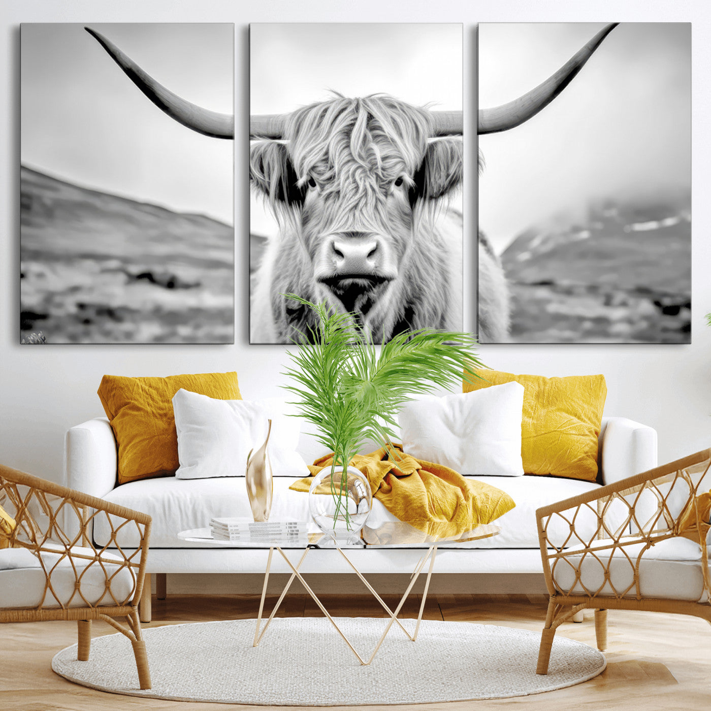 80564-MGV-CV-36X24-Highland Cow Wall Art – Black and White Scottish Highland Canvas Print, Rustic Farmhouse Decor for Living Room, Bedroom or Office