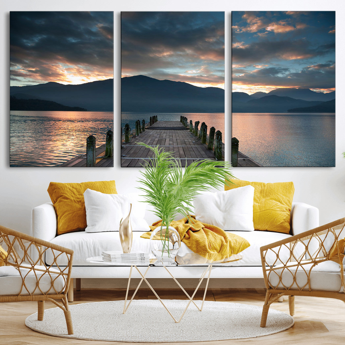 20442-MGV-CV-36X24-Lakeside Sunset Dock Wall Art – Peaceful Mountain Lake Canvas Print, Serene Nature Landscape Decor for Living Room, Bedroom or