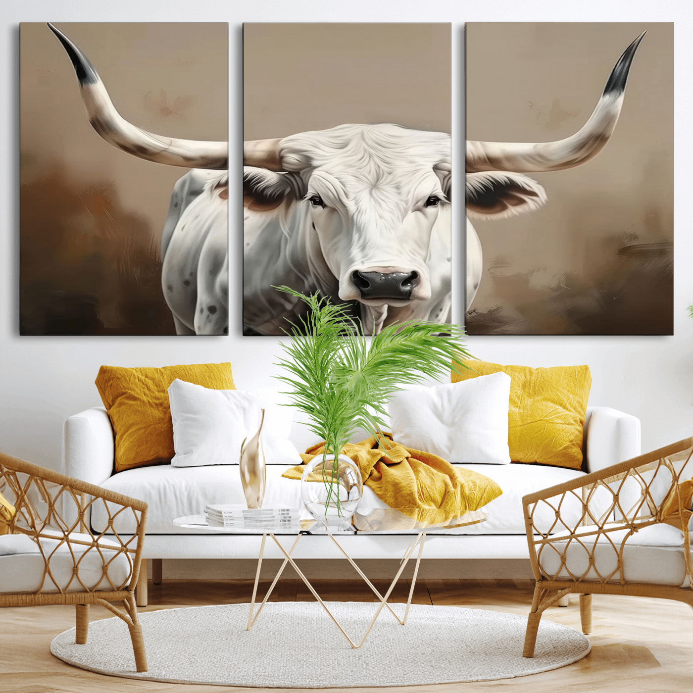 61423-MGV-CV-36X24-Longhorn Bull Wall Art – Rustic Western Texas Steer Canvas Print, Cowboy Farmhouse Decor for Living Room, Bedroom, Office or Ranch