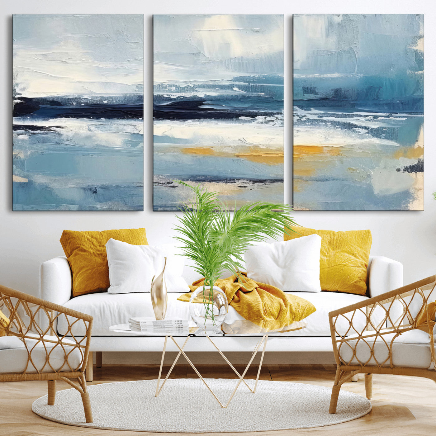 19746-MGV-CV-60X30-3P-Abstract Ocean Wall Art – Modern Coastal Canvas Print with Blue, White and Gold Textures, Contemporary Seascape Painting for