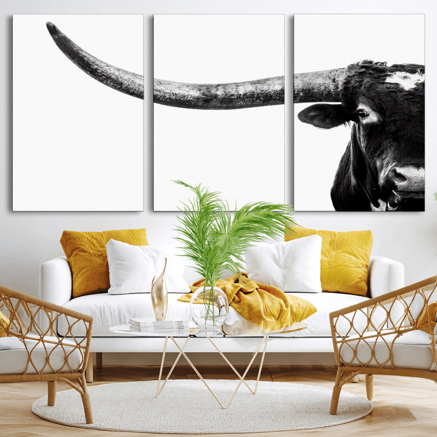 31699-MGV-CV-60X30-3P-Longhorn Wall Art – Black and White Texas Longhorn Cow Canvas Print, Rustic Western Farmhouse Artwork for Living Room, Bedroom or