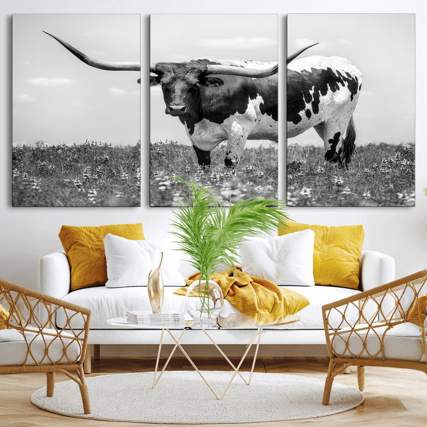 94709-MGV-CV-36X24-Texas Longhorn Wall Art – Black and White Bull Photography Canvas Print, Western Farmhouse Wall Decor for Living Room, Office or