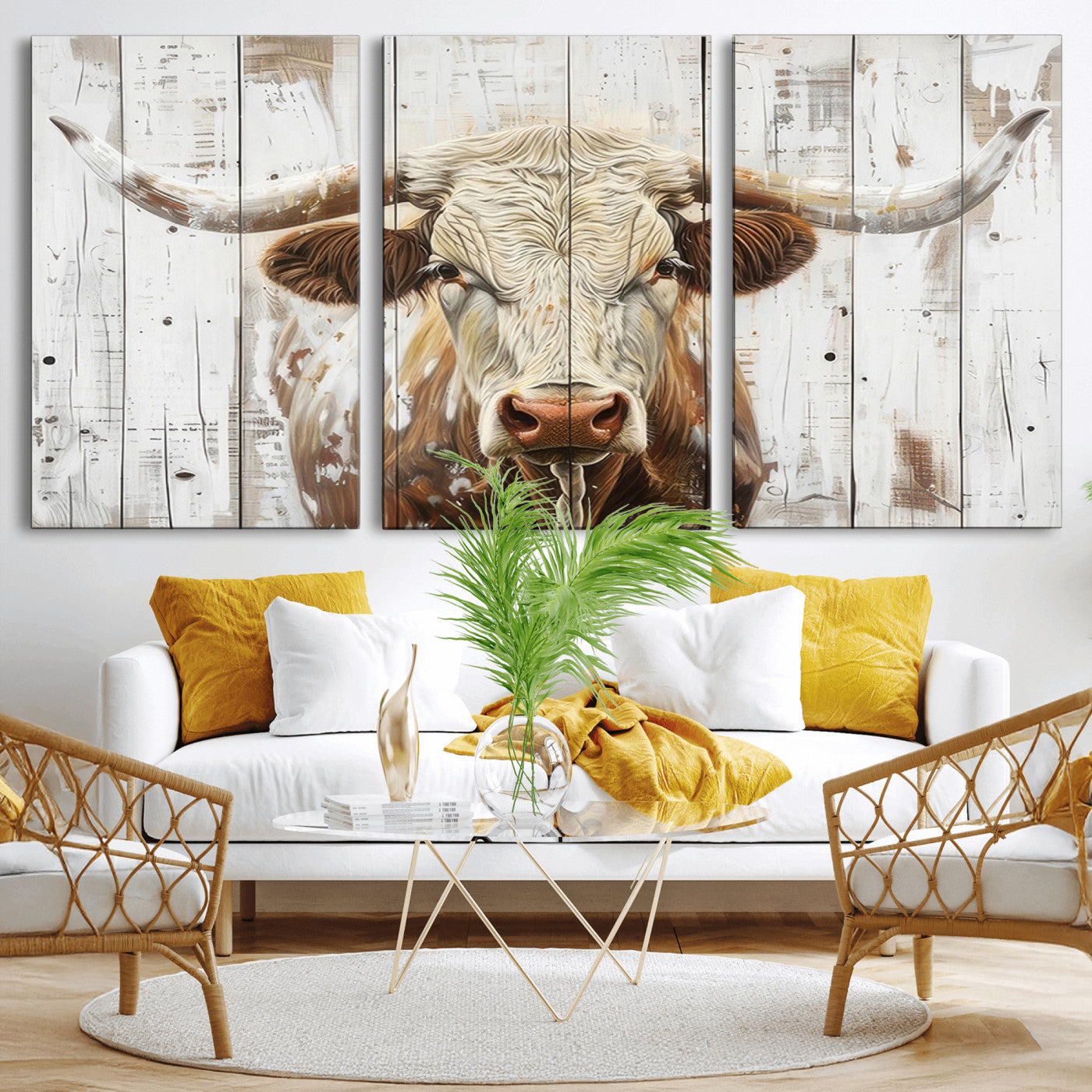71551-MGV-CV-60X30-3P-Longhorn Bull Wall Art – Rustic Western Cow Canvas Print, Farmhouse Animal Painting with Wood Plank Style for Living Room, Office