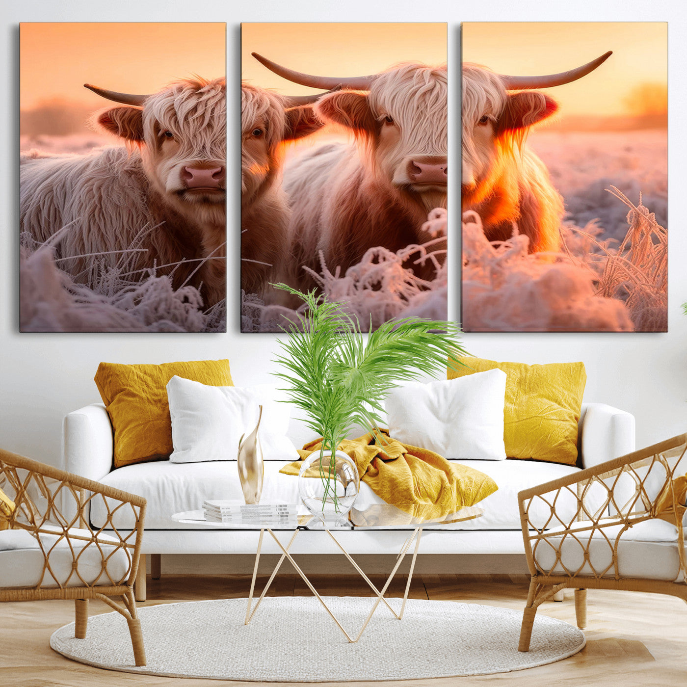 68253-MGV-CV-36X24-Highland Cow Wall Art – Rustic Farmhouse Cattle Canvas Print, Frosty Sunset Animal Artwork for Living Room, Bedroom or Country