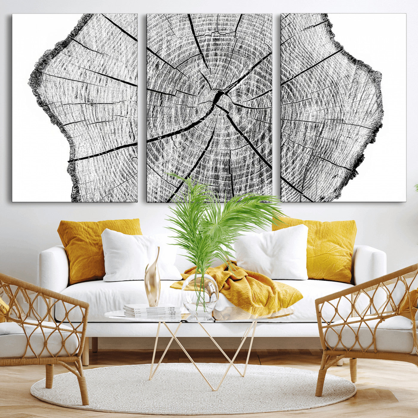 98709-MGV-CV-36X24-Tree Ring Wall Art – Black and White Canvas Print Rustic Wood Cross Section, Minimal Nature Inspired Decor for Living Room,