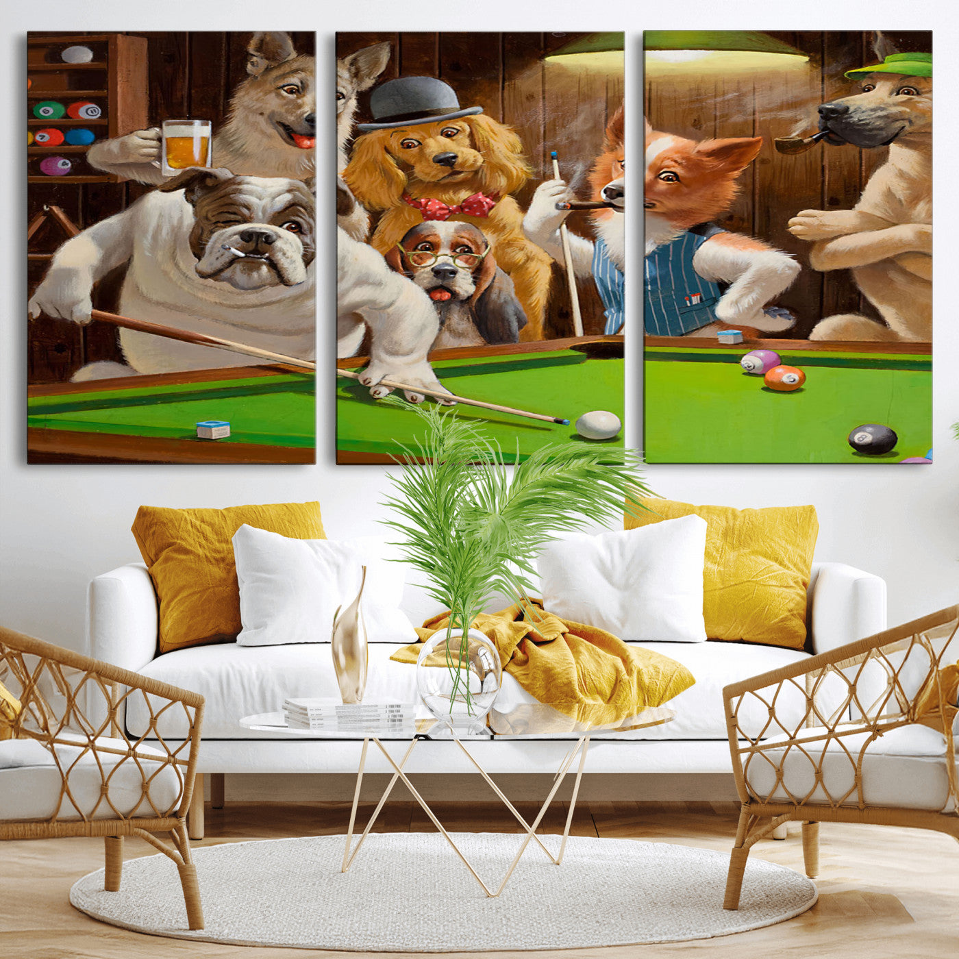 34228-MGV-CV-36X24-Dogs Playing Pool Wall Art Canvas Print, Framed Funny Dog Art Picture Print, Dog Perfect Game Room Decor Artwork