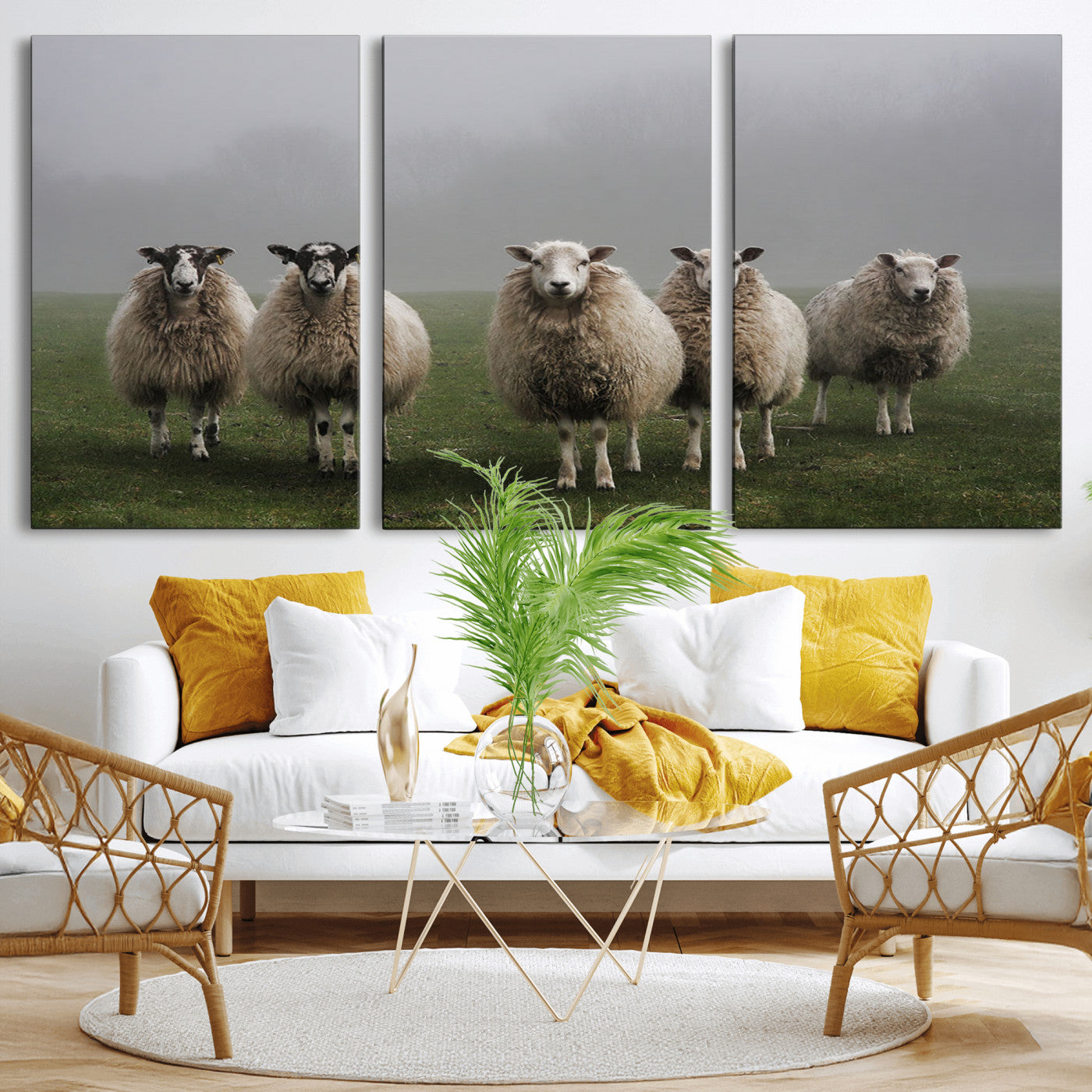 87339-MGV-CV-36X24-Sheep Wall Art – Rustic Farmhouse Canvas Print Flock Standing Misty Field Countryside Photography, Country Animal Decor for Living