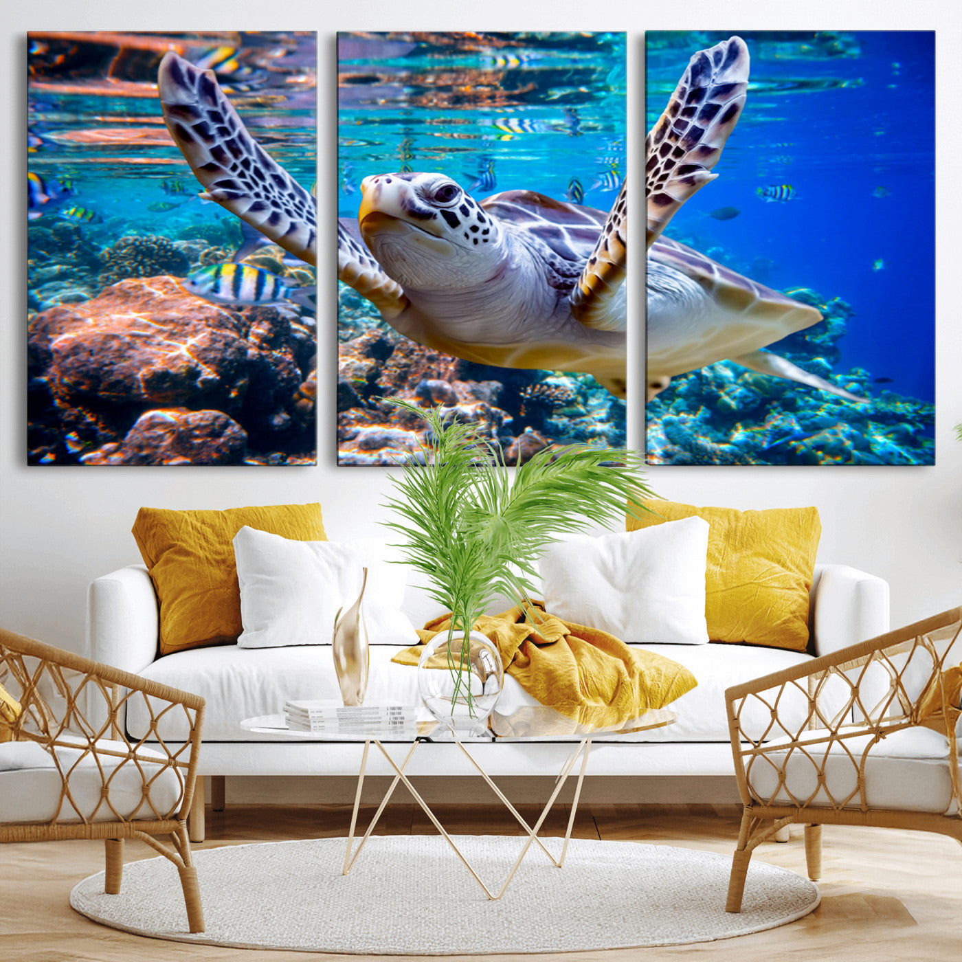 12683-MGV-CV-36X24-Sea Turtle Wall Art – Graceful Ocean Canvas Print with Coral Reef and Tropical Fish, Coastal Marine Life Decor for Beach House,