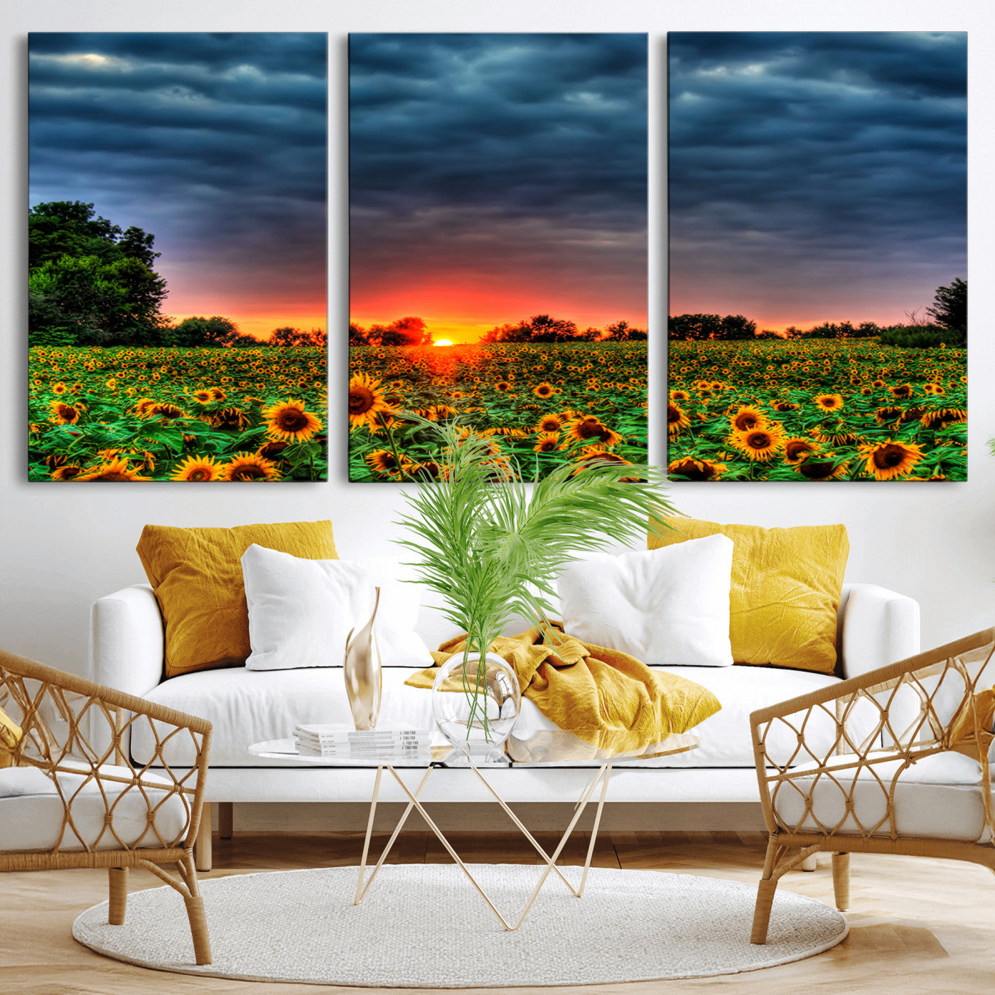 45045-MGV-CV-36X24-Sunflower Field Sunset Wall Art – Dramatic Stormy Sky Landscape Print, Vibrant Yellow Floral Nature Canvas for Living Room,