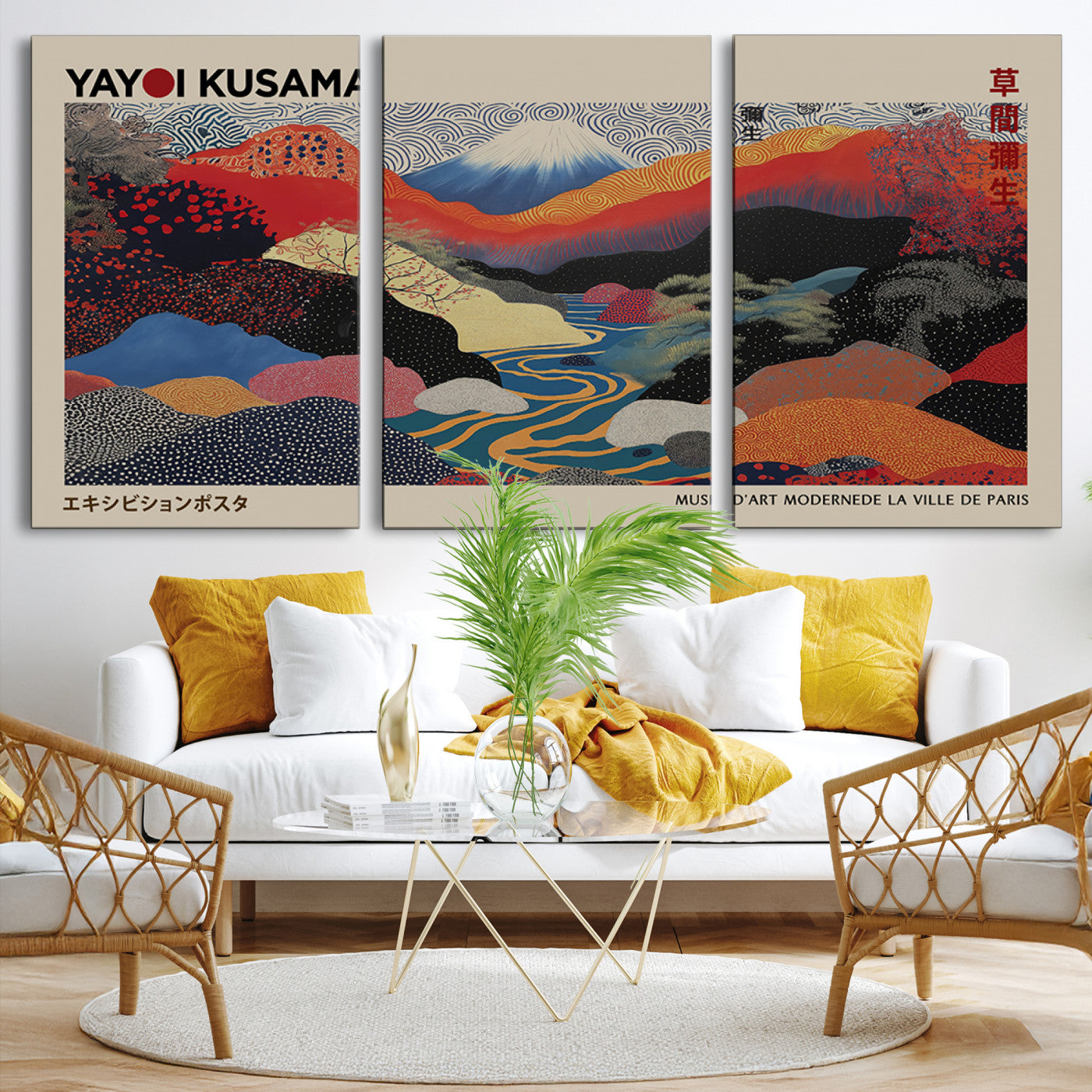 49228-MGV-FC-93X47-3P_Black-Kusama Wall Art – Vibrant Japanese Landscape Canvas Print, Modern Abstract Mountain and River Decor for Living Room, Office or Art