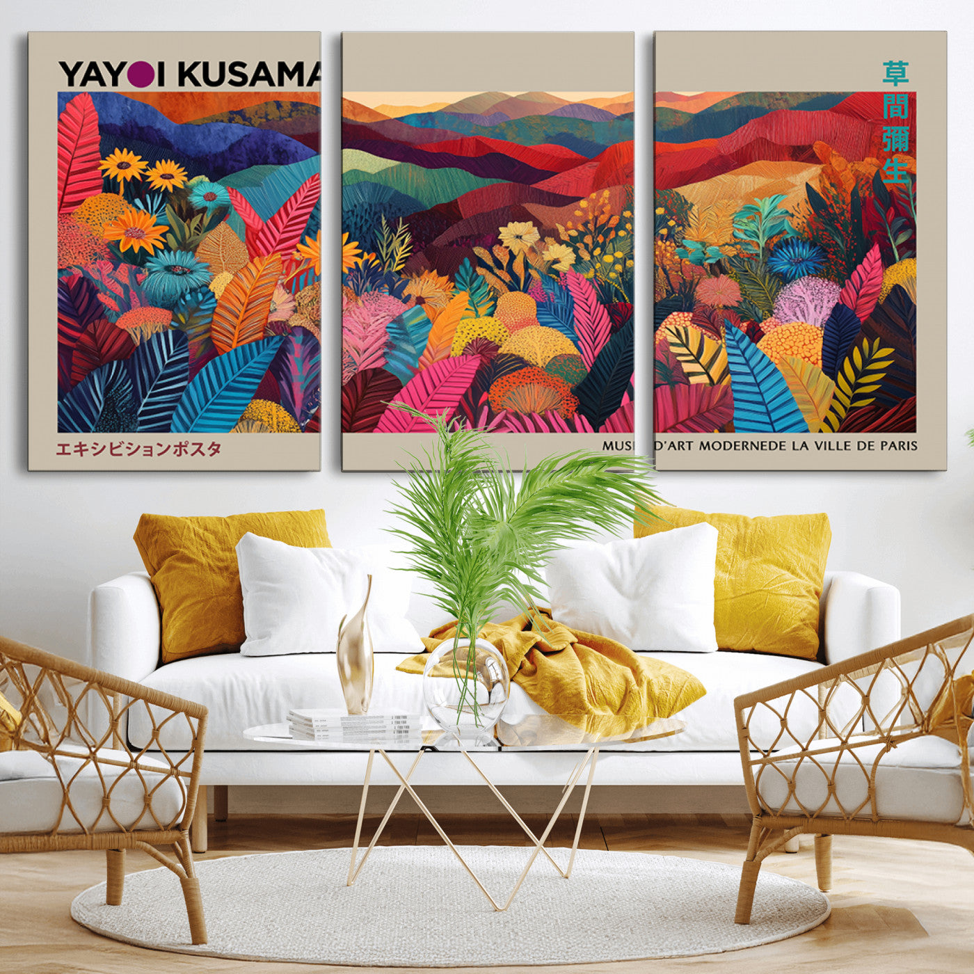 70959-MGV-CV-36X24-Yayoi Kusama Inspired Wall Art – Bold Floral Landscape Canvas Print, Vibrant Modern Abstract Poster for Living Room, Bedroom, or