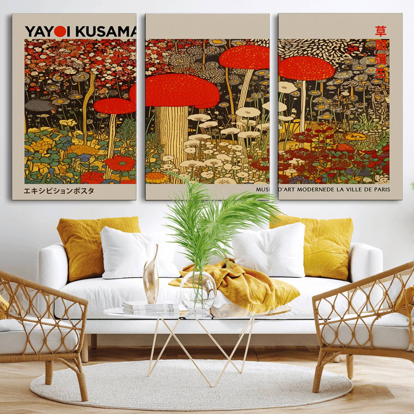 38013-MGV-CV-36X24-Yayoi Kusama Inspired Mushroom Garden Wall Art – Whimsical Botanical Canvas Print, Surreal Nature Poster, Fantasy Floral Artwork