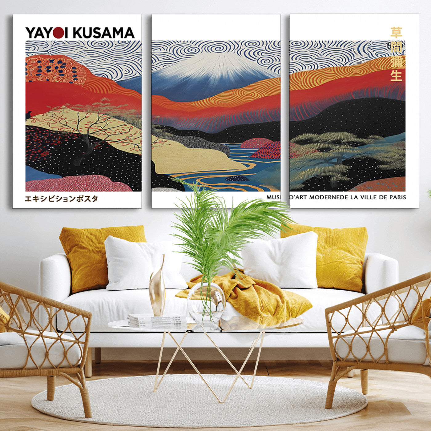 14839-MGV-CV-36X24-Yayoi Kusama Wall Art – Panoramic Mountain & River Canvas Print, Modern Abstract Japanese Landscape Decor for Living Room or