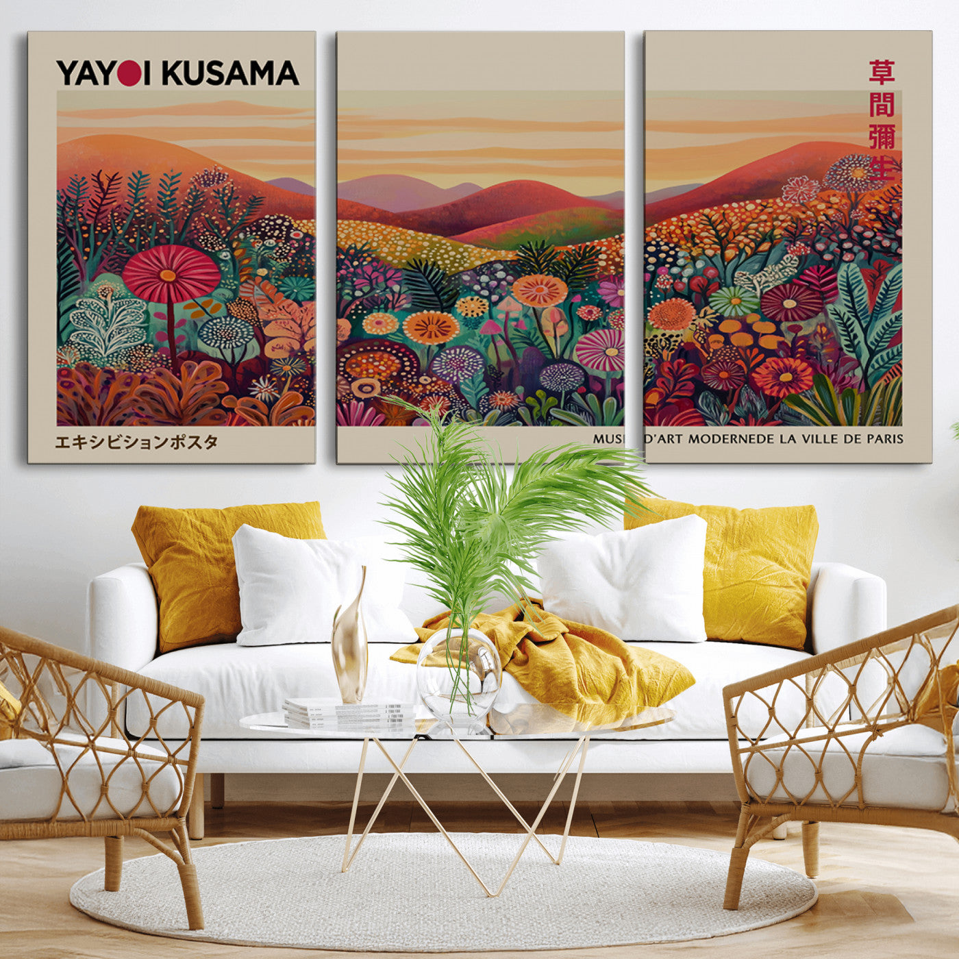 66096-MGV-CV-36X24-Yayoi Kusama Wall Art – Sunset Floral Landscape Canvas Print, Vibrant Flower Garden Panorama for Living Room, Bedroom or Office