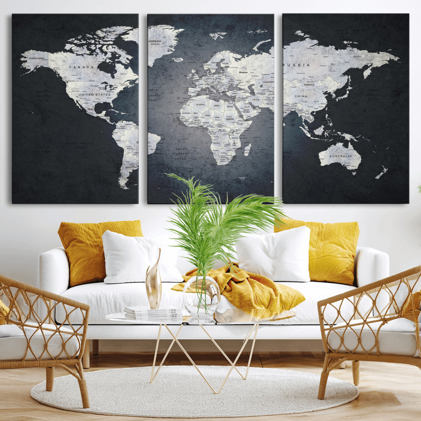 19124-MGV-CV-36X24-Modern World Map Wall Art – Black and White Canvas Print, Minimalist Global Map Decor for Office, Study, Bedroom or Living Room