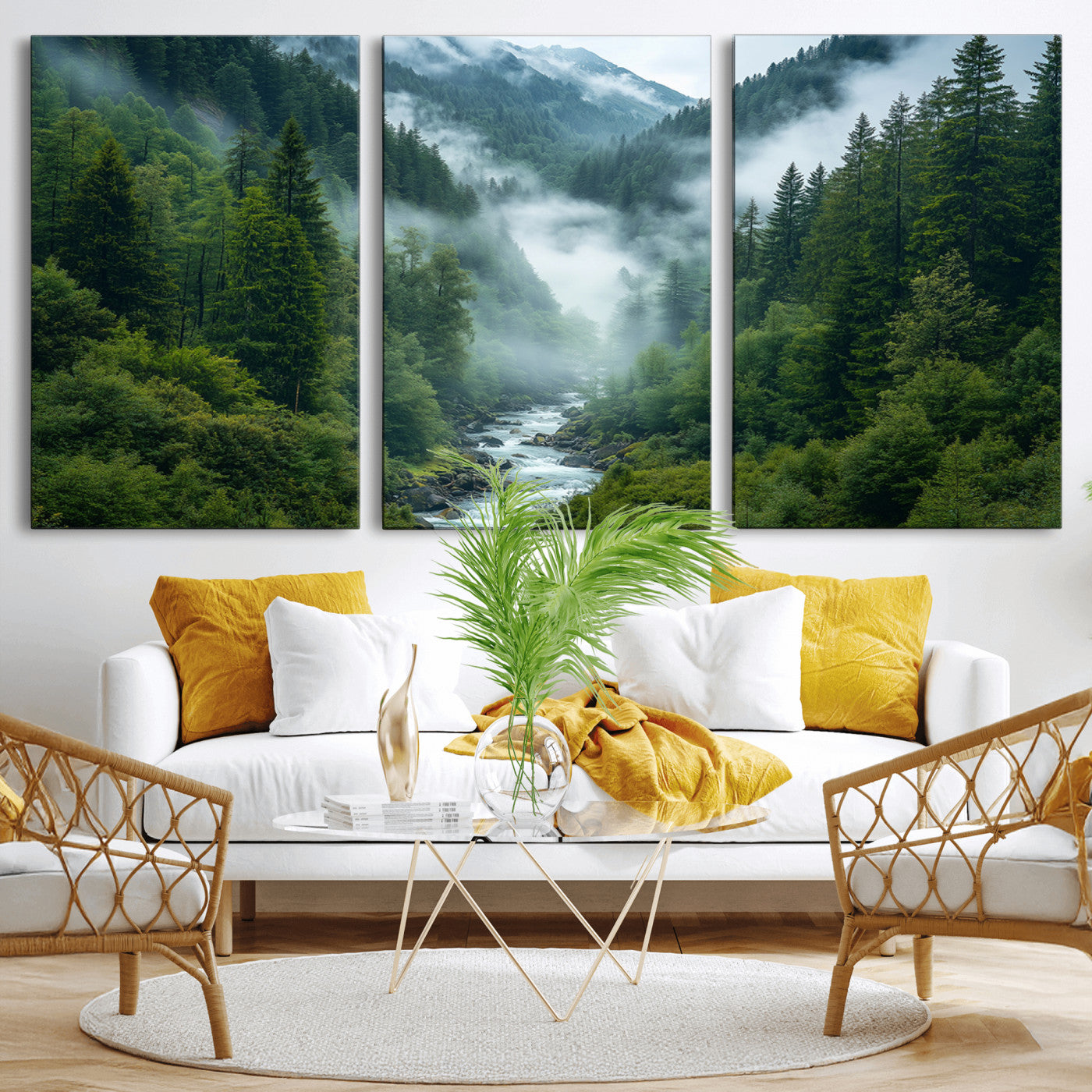 69453-MGV-CV-36X24-Mountain Forest Wall Art – Misty River and Evergreen Landscape Canvas Print, Nature Photography Poster for Living Room, Bedroom,