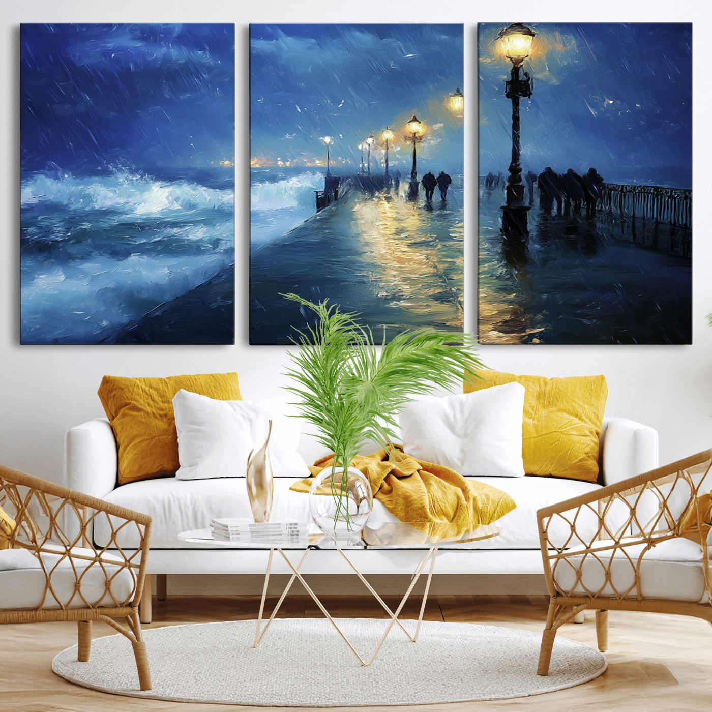 94571-MGV-CV-36X24-Seaside Night Wall Art – Ocean Waves and Street Lamps Canvas Print, Rainy City Pier Oil Painting Poster for Living Room, Bedroom,