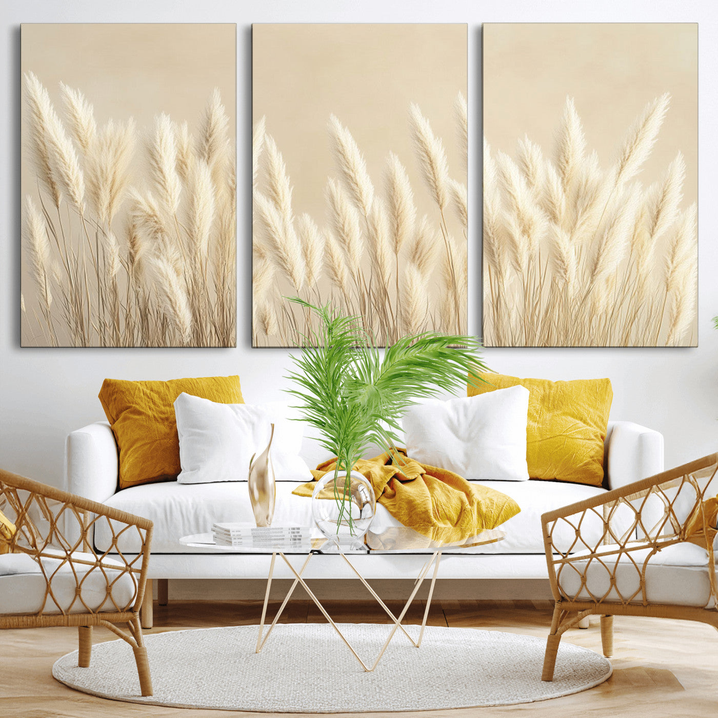 81444-MGV-CV-36X24-Pampas Grass Wall Art Canvas Print, Framed Beige Pampas Grass Art Picture Print, Minimalist Beige Perfect Minimalist Nature Decor