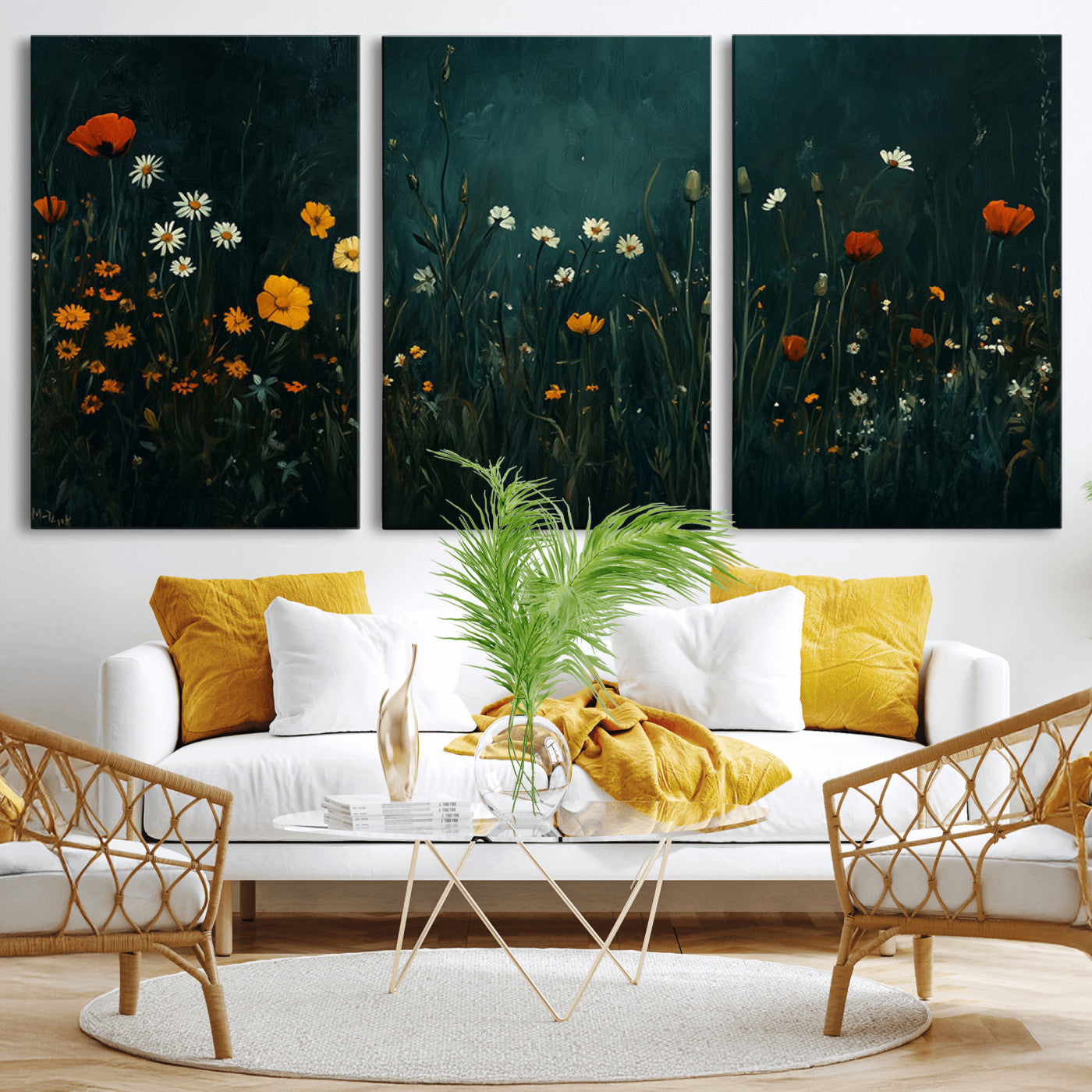 87037-MGV-CV-36X24-Wildflower Wall Art – Dark Botanical Floral Canvas Print, Modern Nature Painting Poster with Daisies Poppies Orange Flowers for