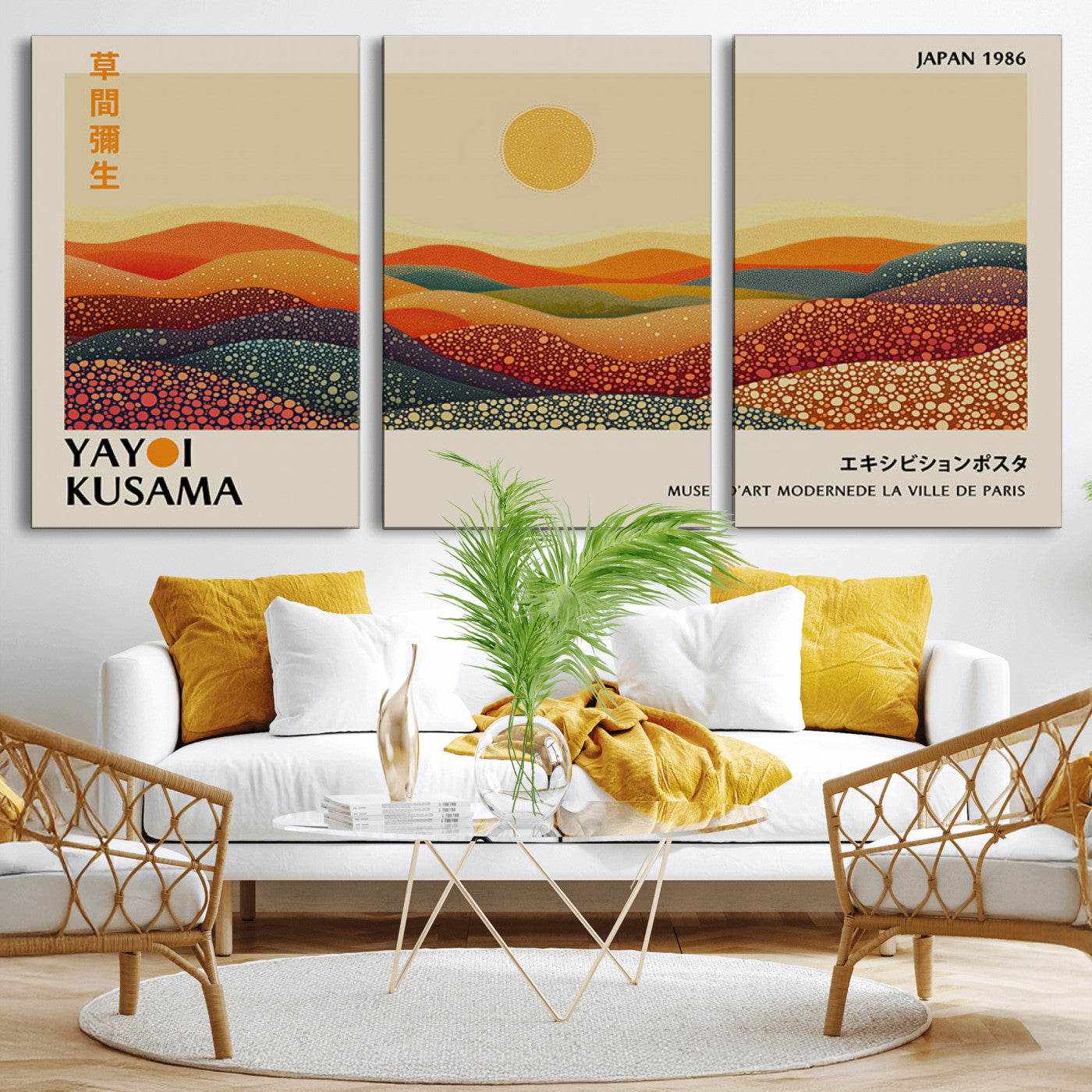 88180-MGV-CV-36X24-Yayoi Kusama Landscape Wall Art – Abstract Dotted Mountain Canvas Print, Retro Sun Poster for Modern Living Room, Office or