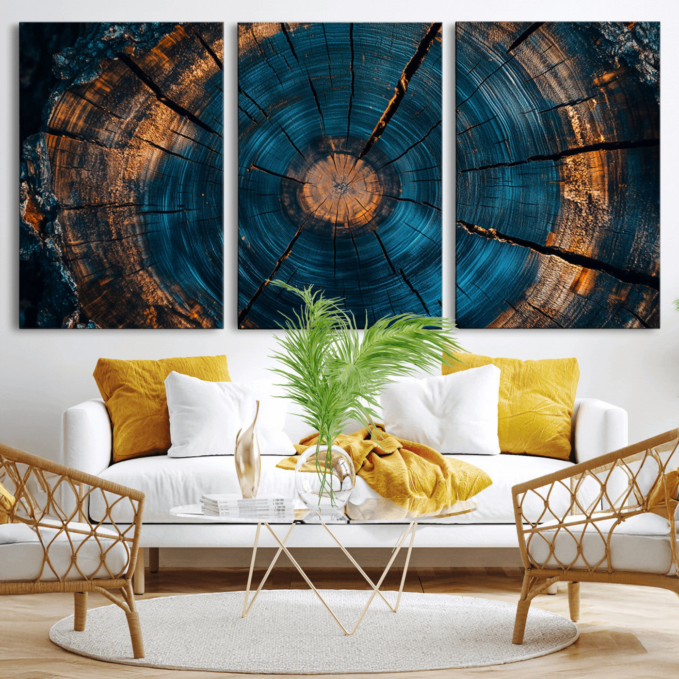 65231-MGV-CV-60X30-3P-Blue and Gold Tree Ring Wall Art – Rustic Abstract Wood Slice Canvas Print, Modern Nature Inspired Artwork for Living Room,
