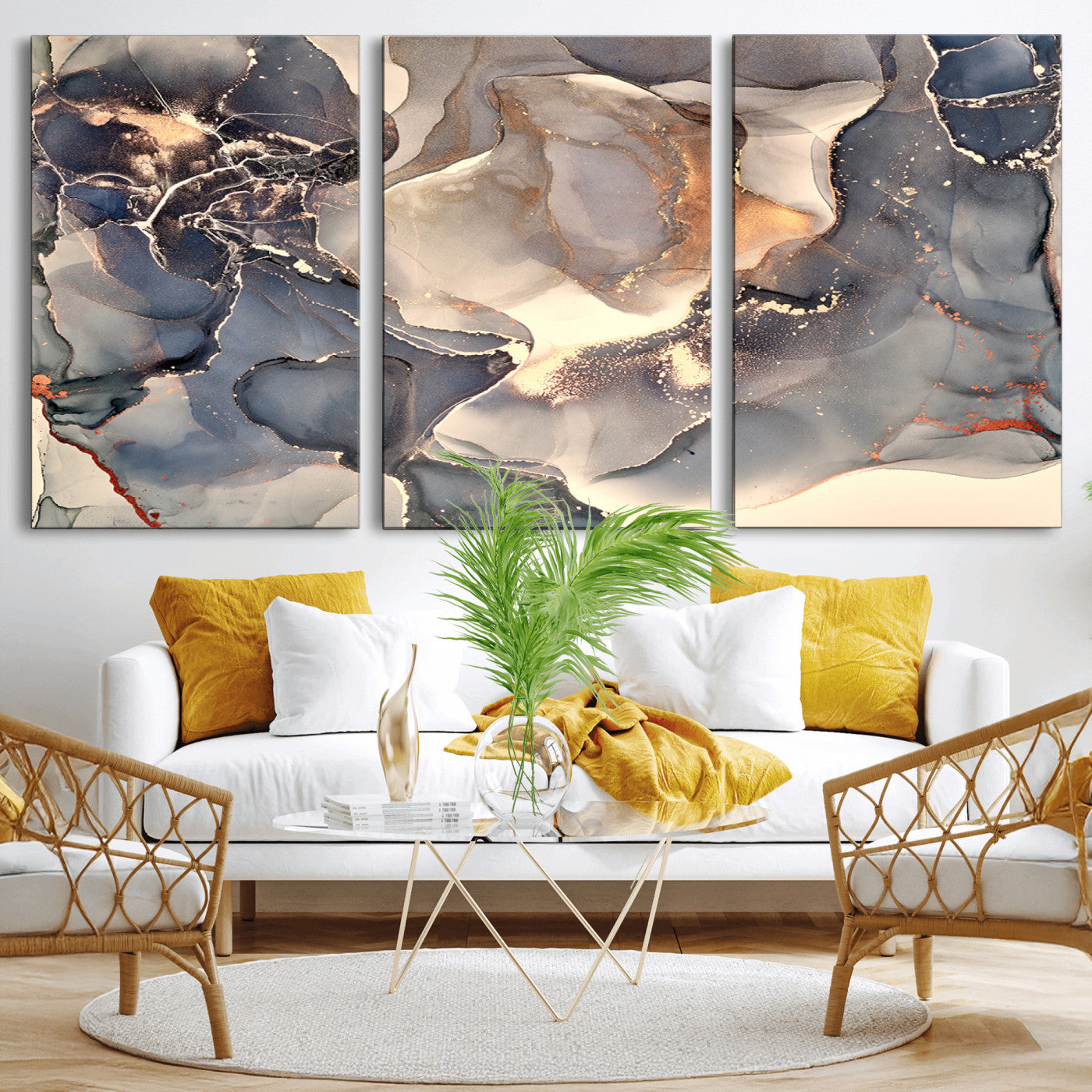 18202-MGV-CV-36X24-Abstract Neutral Wall Art – Blue, Beige and Gold Fluid Ink Canvas Print, Modern Minimalist Painting for Living Room, Office