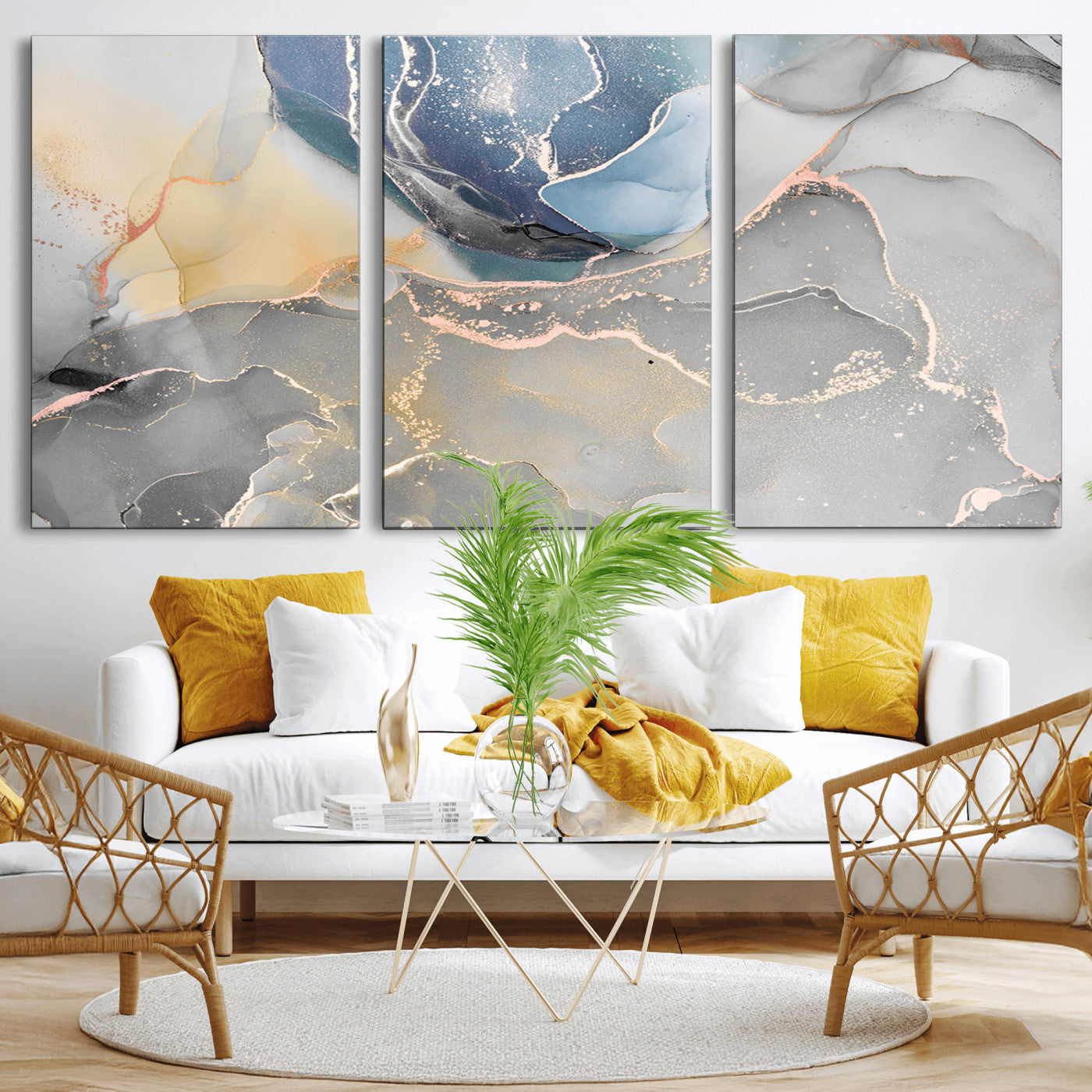 18176-MGV-CV-36X24-Abstract Fluid Wall Art – Modern Marble Ink Canvas Print with Blue, Gold, and Gray Tones, Contemporary Minimal Artwork Decor for