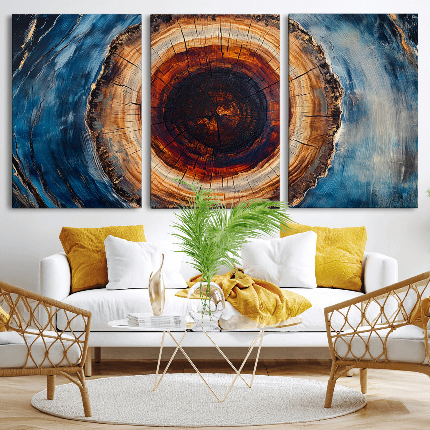 30457-MGV-CV-36X24-Tree Ring Wall Art – Abstract Wood Grain Canvas Print with Brown and Blue Swirl, Rustic Nature Inspired Artwork for Living Room,
