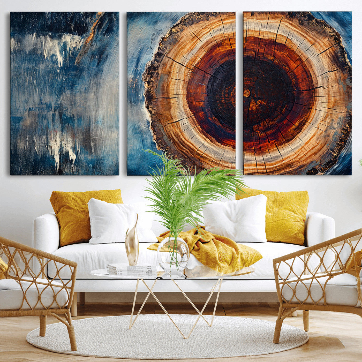 48045-MGV-CV-36X24-Tree Ring Abstract Wall Art – Rustic Wood Grain Canvas Print with Brown Center and Blue Brush Strokes, Nature Inspired Artwork for