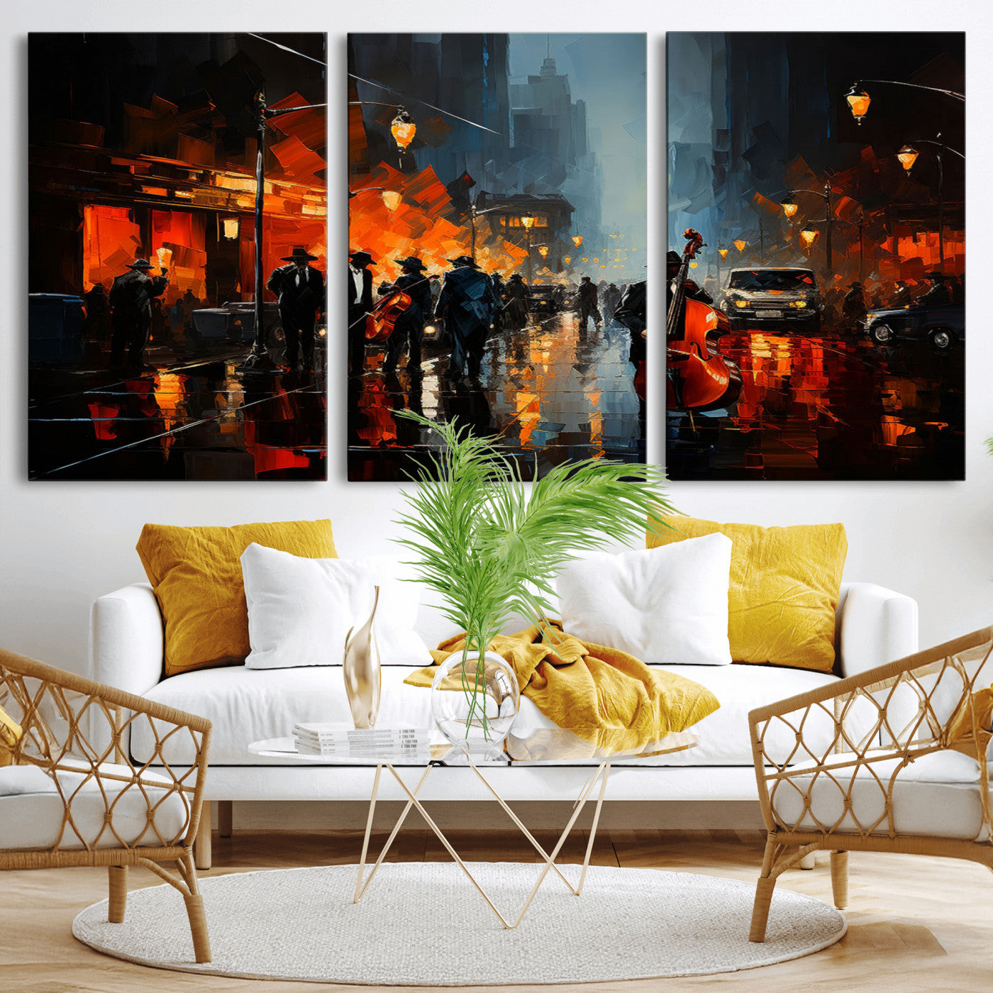 32816-MGV-CV-36X24-City Jazz Night Wall Art – Modern Abstract Urban Street Scene Canvas Print, Moody Music-Themed Decor for Living Room, Office, or