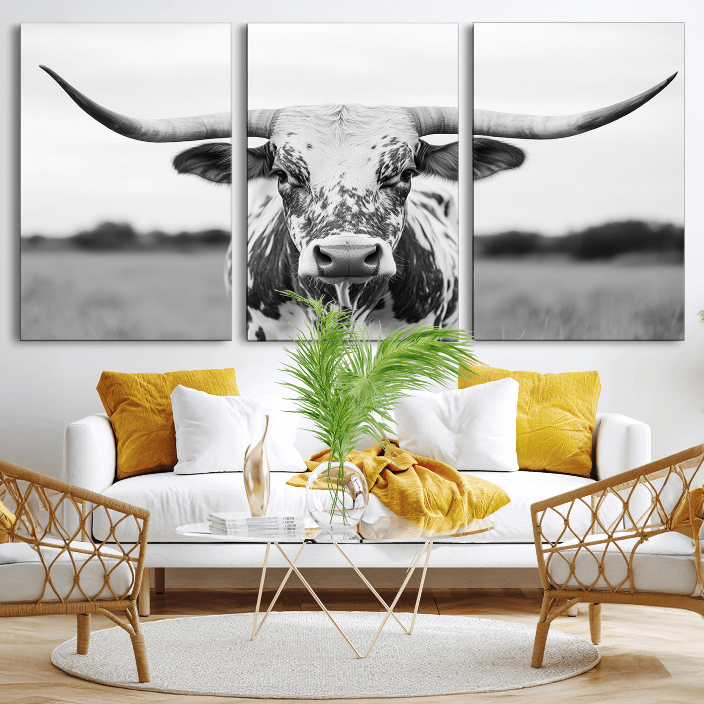 20272-MGV-CV-36X24-Texas Longhorn Wall Art – Black and White Cowboy Western Canvas Print, Rustic Farmhouse Cattle Photography Decor for Ranch, Barn