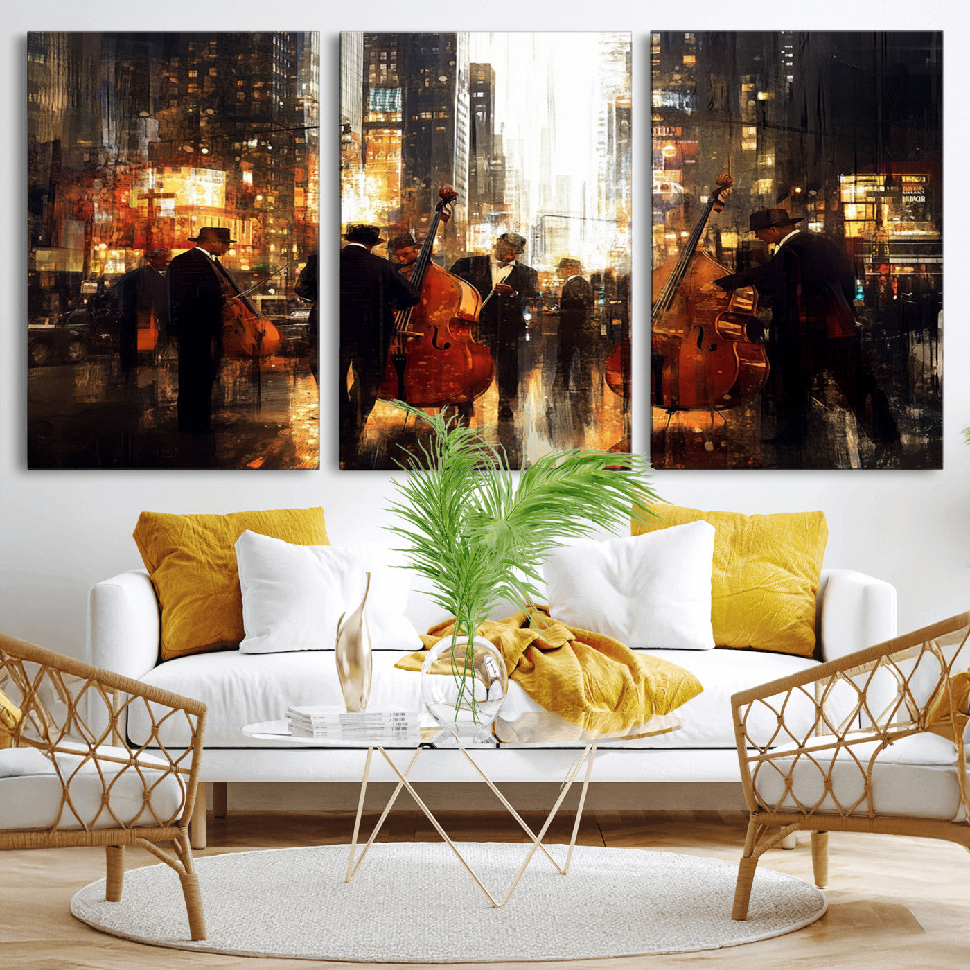 58782-MGV-CV-36X24-Jazz Musicians Cityscape Wall Art – Vibrant Urban Night Canvas Print, Elegant Music Themed Decor for Living Room, Office, or Music