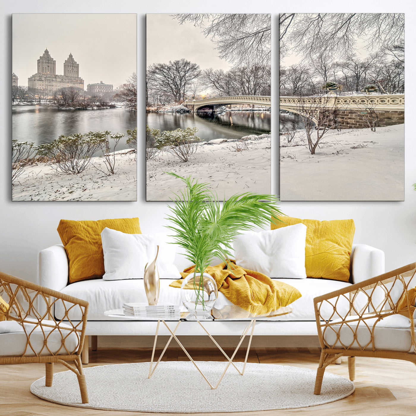 60292-MGV-CV-36X24-Central Park Winter Wall Art – Snowy Bow Bridge Canvas Print, Scenic New York City Landscape Photography for Living Room, Bedroom