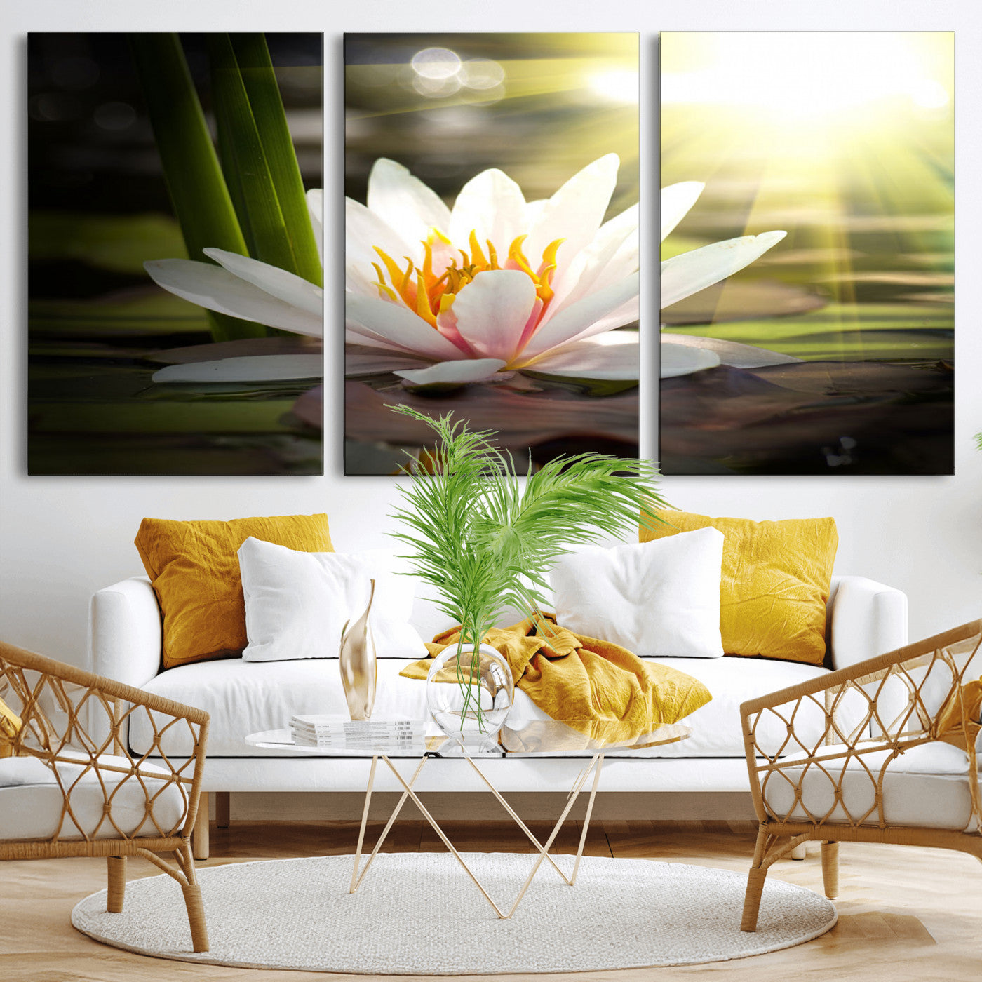 40478-MGV-CV-36X24-Water Lily Wall Art – White Lotus Flower Canvas Print with Sunlight Reflection, Serene Botanical Artwork for Living Room, Bedroom,
