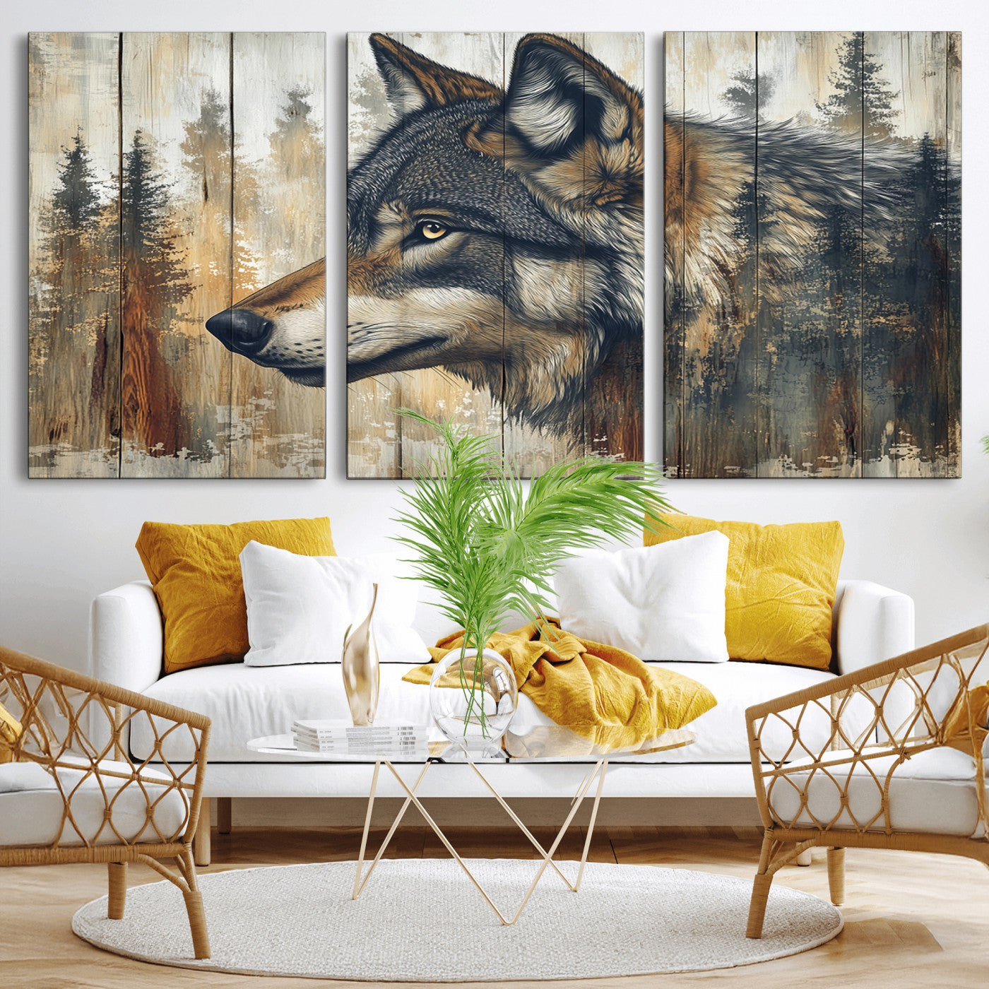 91882-MGV-CV-36X24-Wolf Wall Art – Rustic Canvas Print of Forest Wolf on Wood Background, Wildlife Lodge Artwork for Living Room, Bedroom, Cabin, or