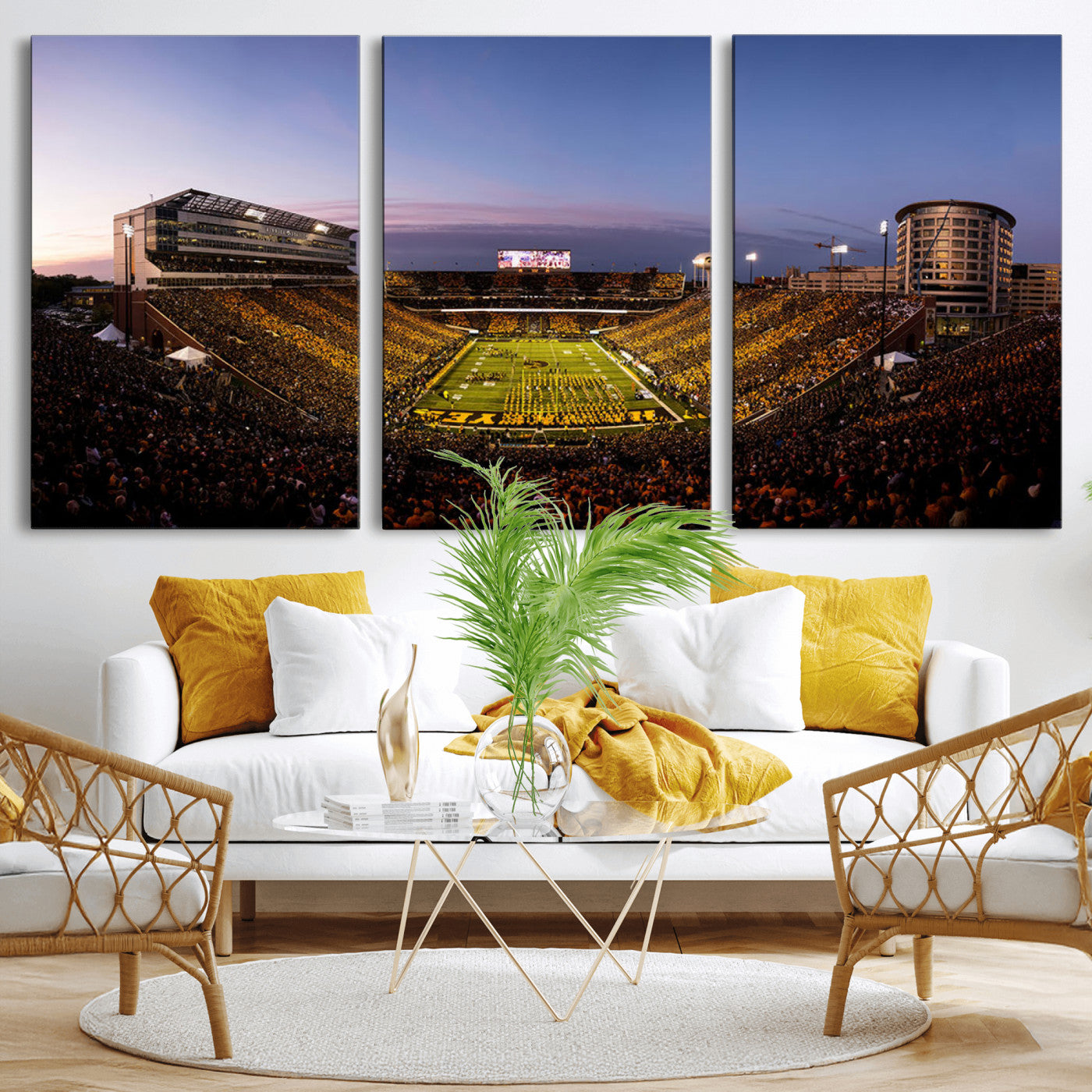 82557-MGV-CV-36X24-College Football Stadium Wall Art – Panoramic Sunset Canvas Print with Marching Band and Game Day Crowd, Sports Artwork for Man