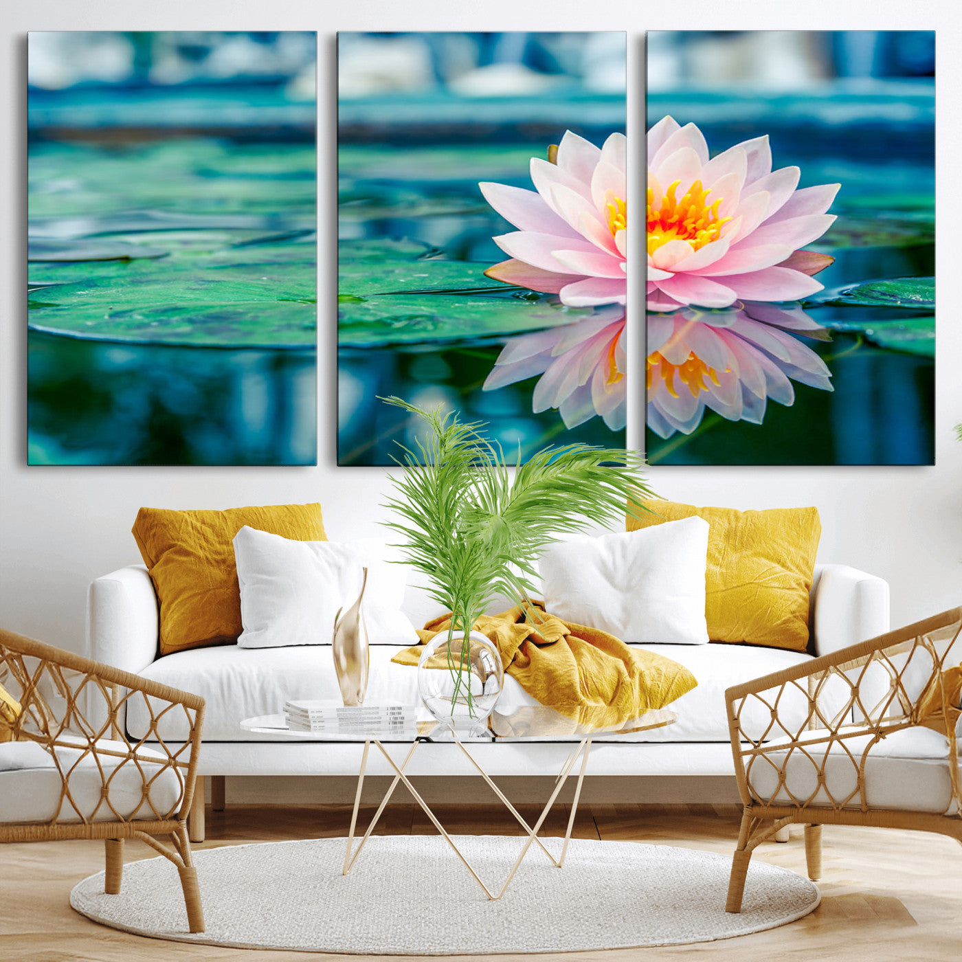 30320-MGV-CV-36X24-Pink Water Lily Wall Art – Lotus Flower Canvas Print with Reflection Water, Peaceful Botanical Artwork for Living Room, Bedroom,