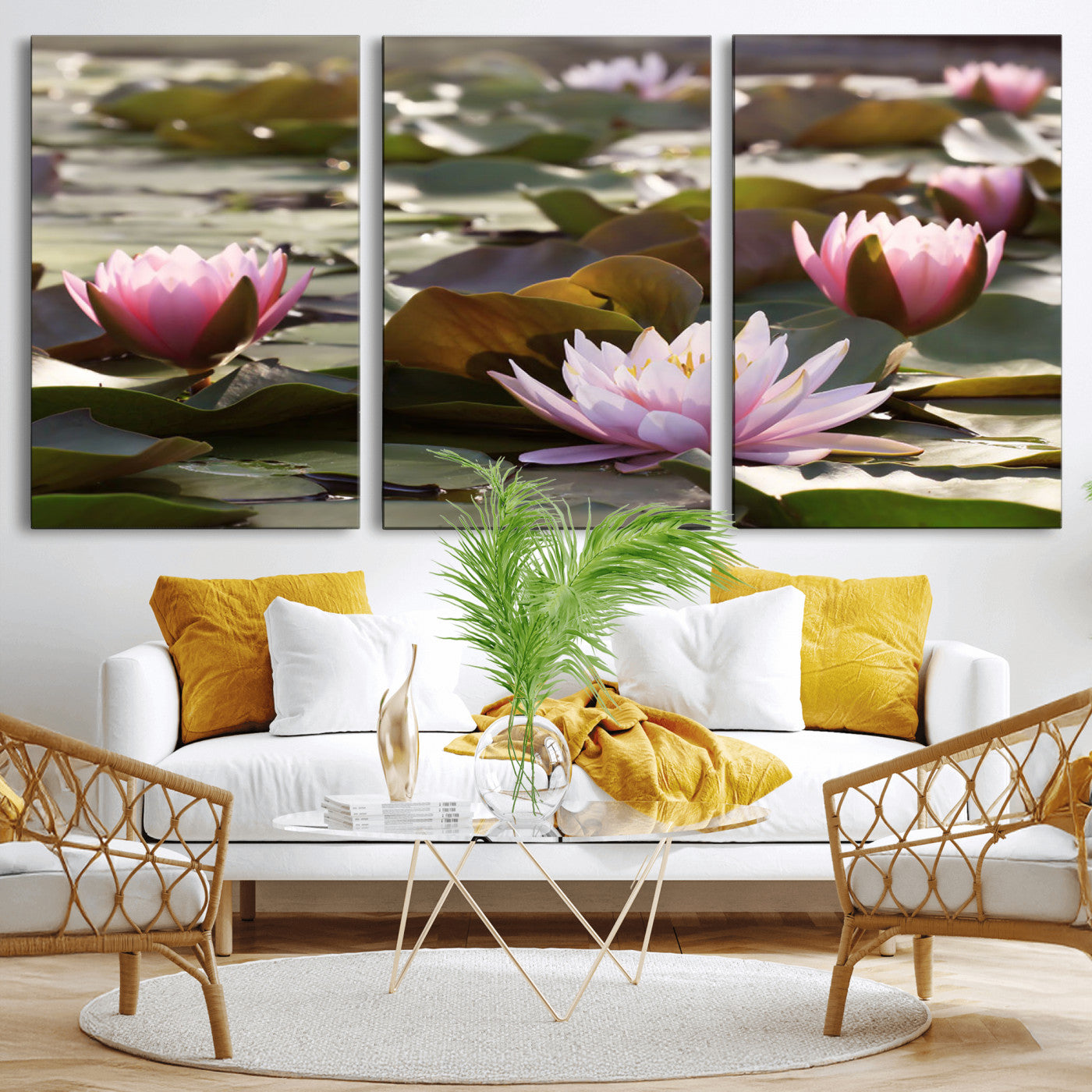 28394-MGV-CV-36X24-Water Lily Pond Wall Art – Pink Lotus Flowers Canvas Print with Green Lily Pads, Peaceful Botanical Artwork for Living Room,