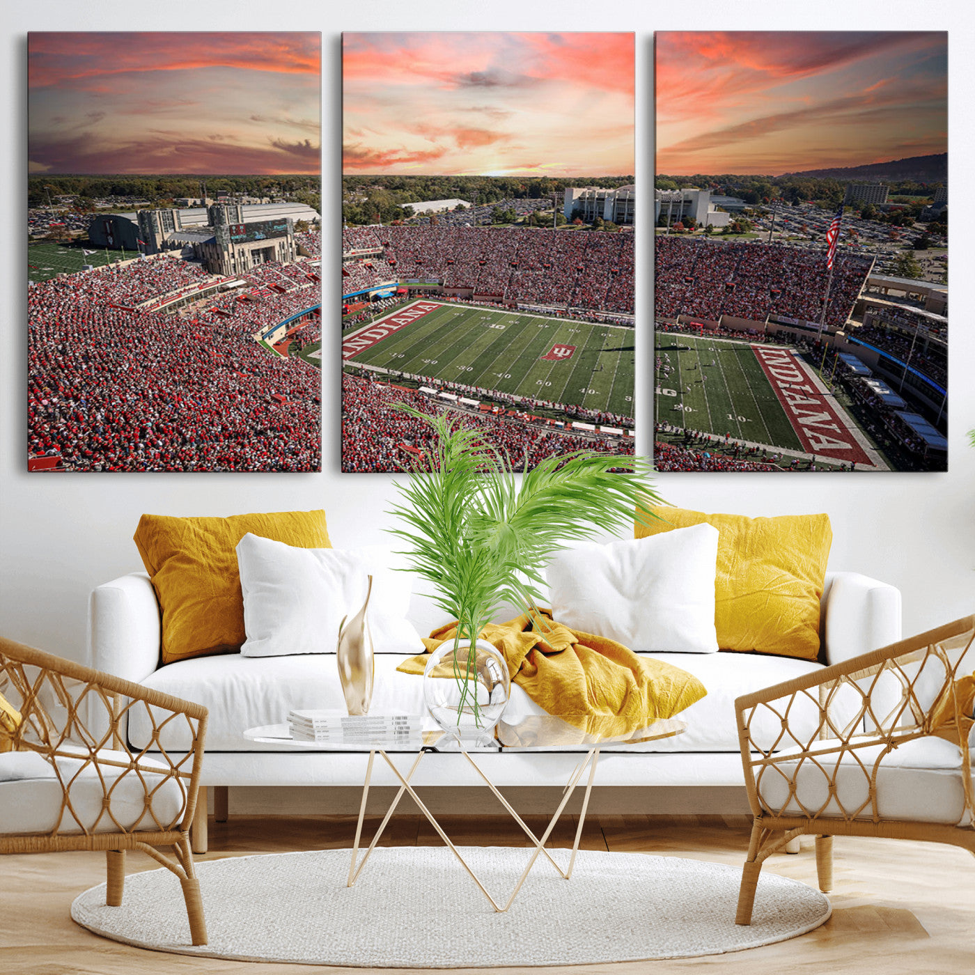 51135-MGV-CV-36X24-Indiana Hoosiers Stadium Wall Art – Panoramic Football Canvas Print with Game Day Crowd and Sunset Sky, Sports Artwork for Man